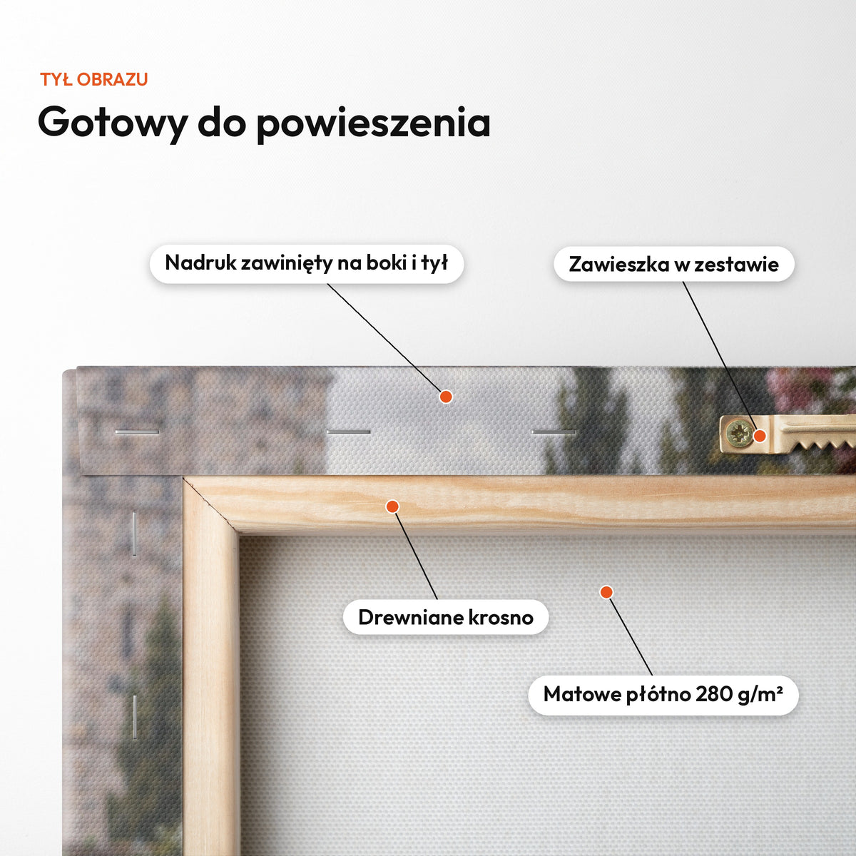 Rycerka róży — tył obrazu na płótnie gotowy do powieszenia: nadruk zawinięty na boki i tył, zawieszka w zestawie, drewniane krosno, matowe płótno 280 g/m² C-CV-ROY-23-2030