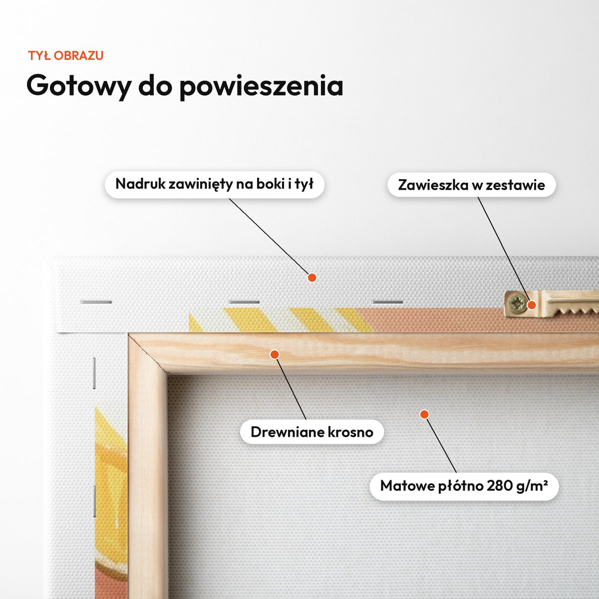 Razem Nam Do Śmiechu — tył obrazu na płótnie gotowy do powieszenia: nadruk zawinięty na boki i tył, zawieszka w zestawie, drewniane krosno, matowe płótno 280 g/m² C-CV-KAR-DOUB-04-2030