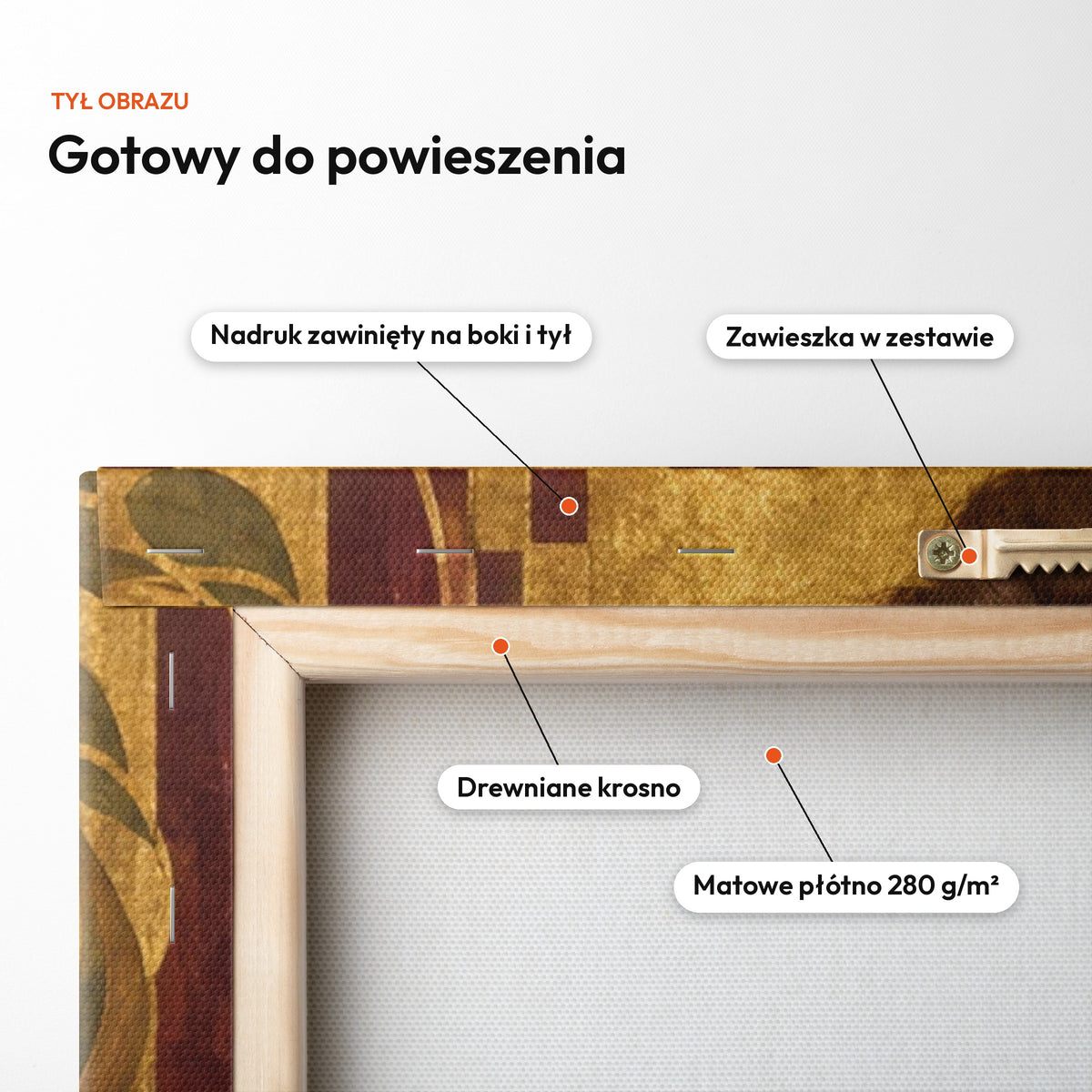 Złota secesja — tył obrazu na płótnie gotowy do powieszenia: nadruk zawinięty na boki i tył, zawieszka w zestawie, drewniane krosno, matowe płótno 280 g/m² C-CV-AI-3-2030