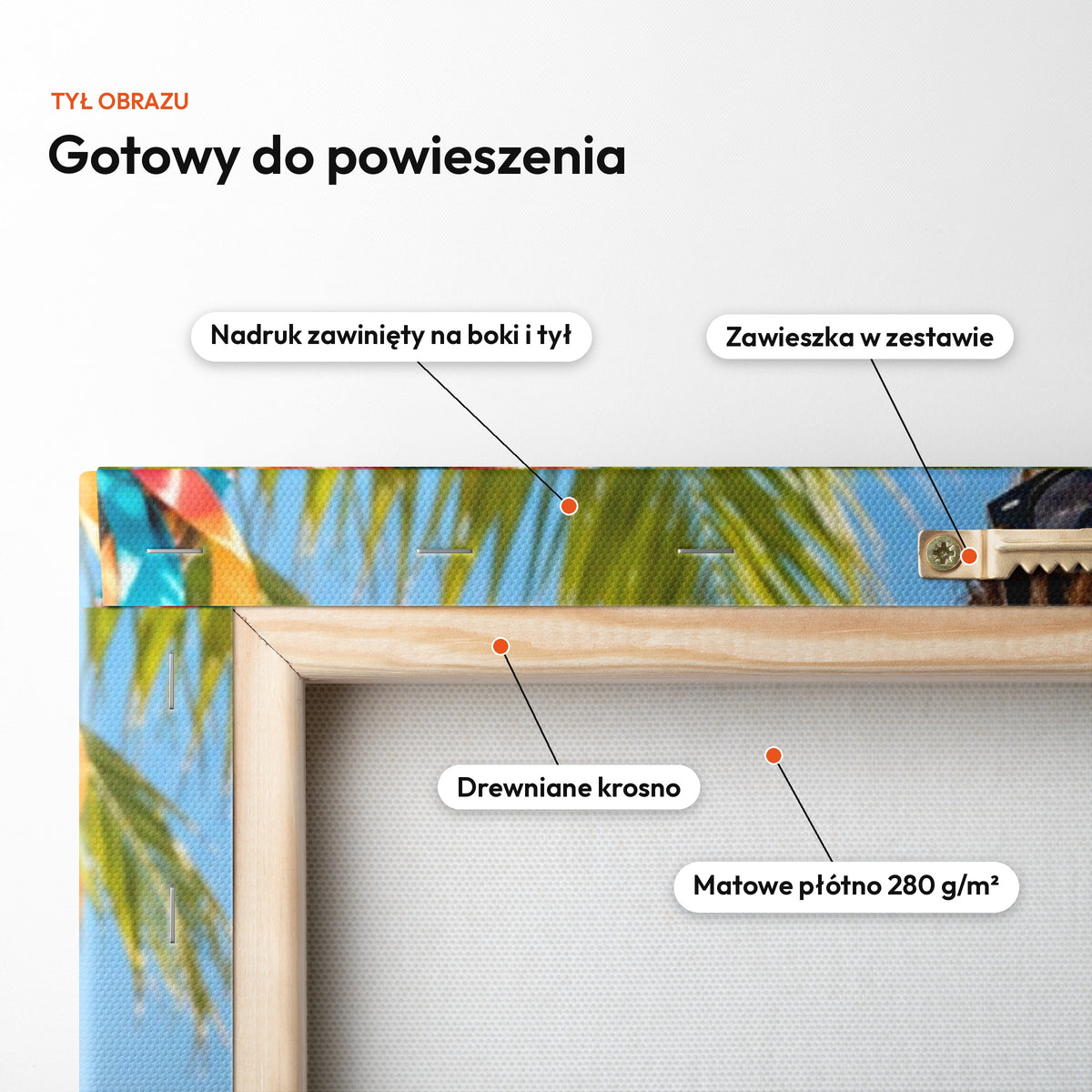 Wakacyjny Luz — tył obrazu na płótnie gotowy do powieszenia: nadruk zawinięty na boki i tył, zawieszka w zestawie, drewniane krosno, matowe płótno 280 g/m² C-CV-KAR-04-2030