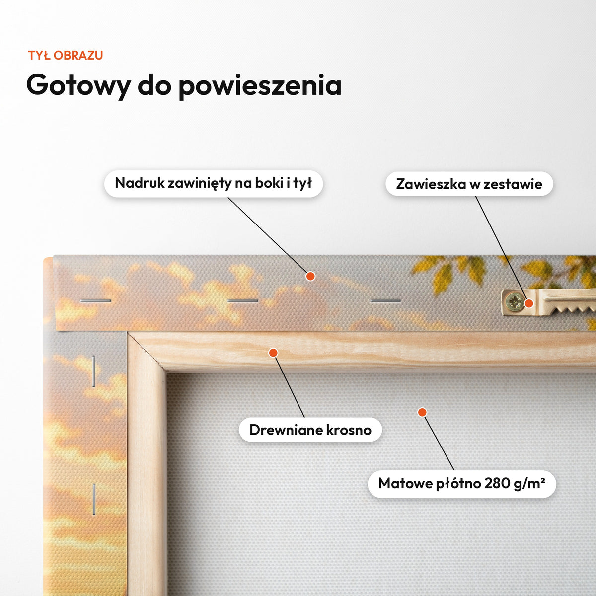 Ogrodniczka — tył obrazu na płótnie gotowy do powieszenia: nadruk zawinięty na boki i tył, zawieszka w zestawie, drewniane krosno, matowe płótno 280 g/m² C-CV-KAR-13-2030