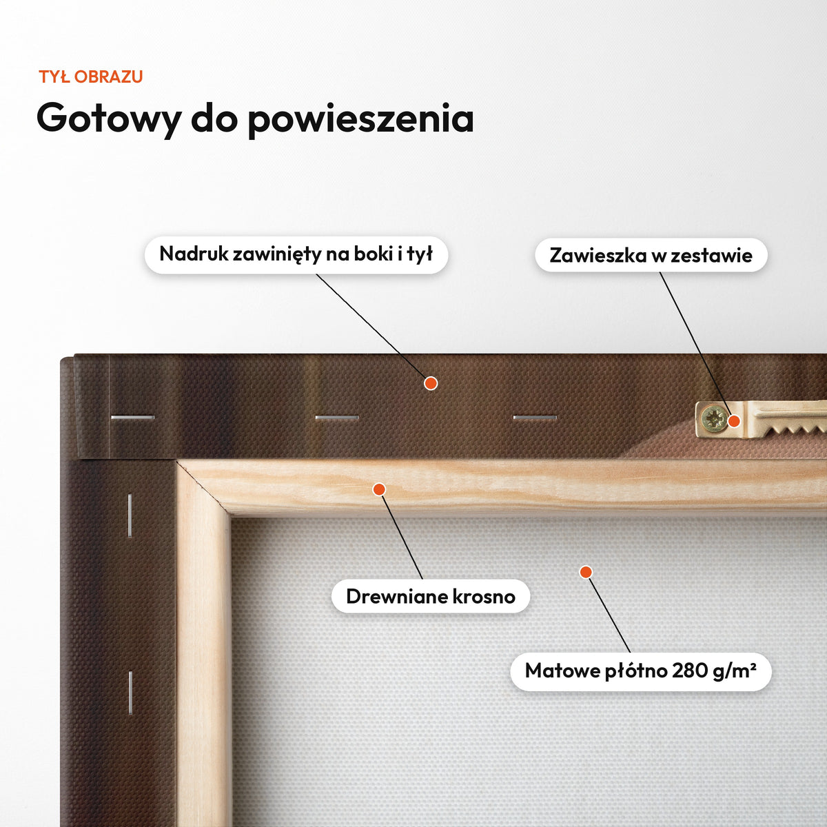 Złoty Jubileusz — tył obrazu na płótnie gotowy do powieszenia: nadruk zawinięty na boki i tył, zawieszka w zestawie, drewniane krosno, matowe płótno 280 g/m² C-CV-KAR-DOUB-07-2030