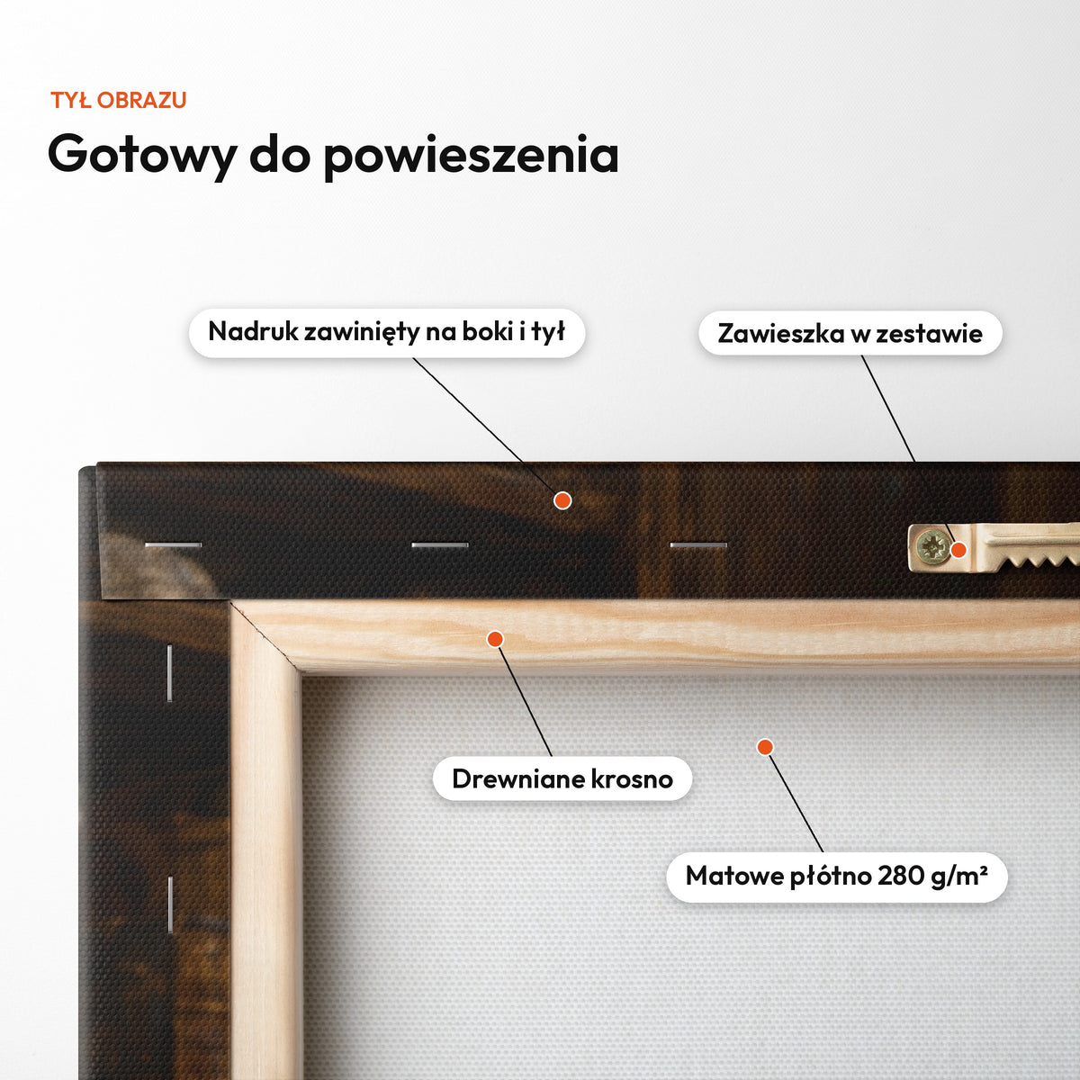 Renesansowa uczona — tył obrazu na płótnie gotowy do powieszenia: nadruk zawinięty na boki i tył, zawieszka w zestawie, drewniane krosno, matowe płótno 280 g/m² C-CV-ROY-24-2030