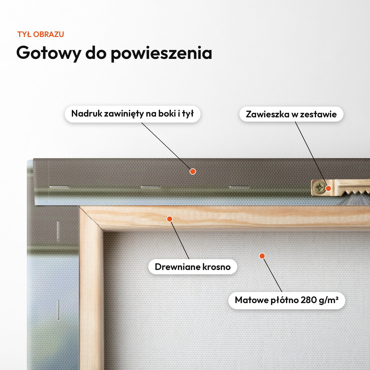 Razem Nad Jeziorem — tył obrazu na płótnie gotowy do powieszenia: nadruk zawinięty na boki i tył, zawieszka w zestawie, drewniane krosno, matowe płótno 280 g/m² C-CV-KAR-DOUB-08-2030