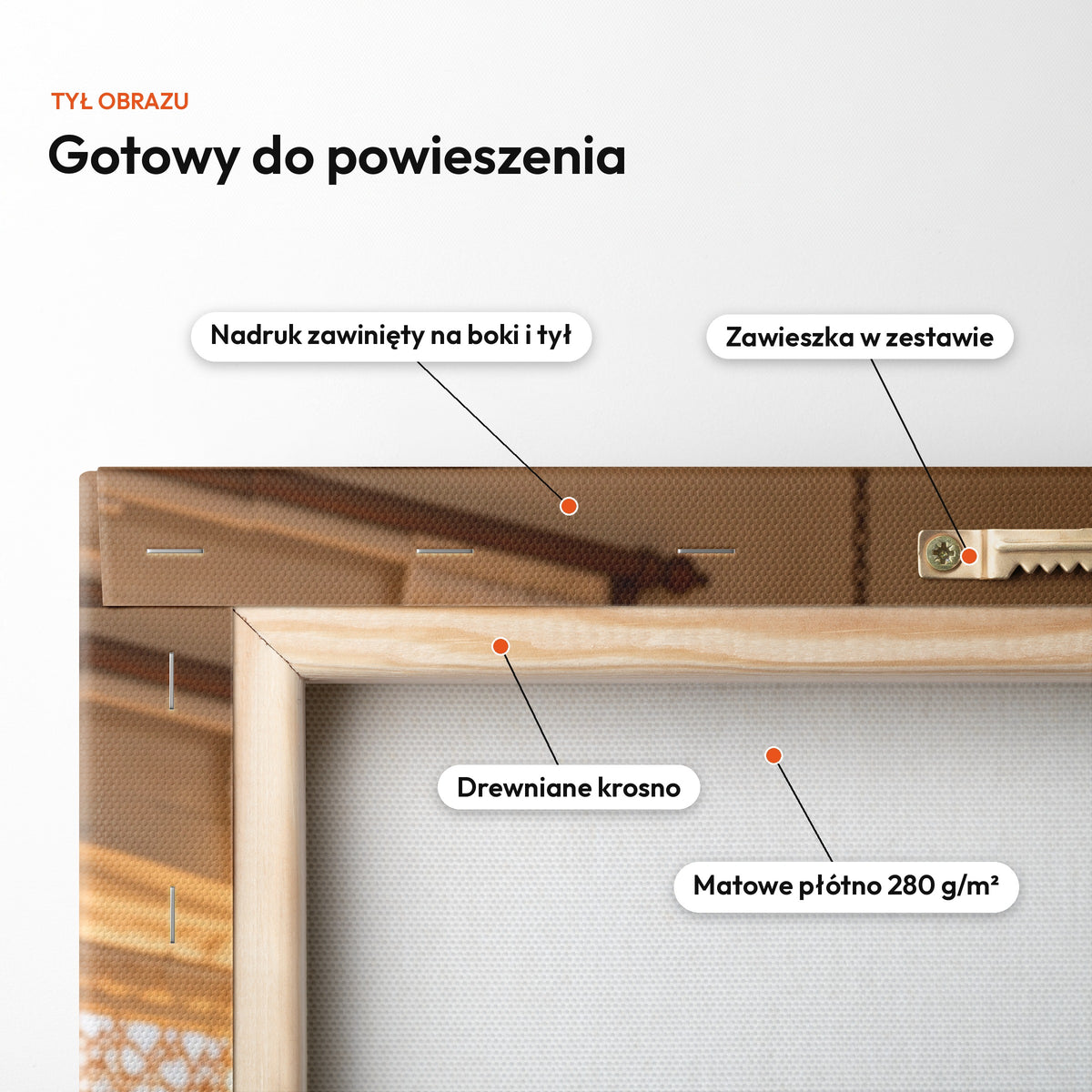 Królowa Pierogów — tył obrazu na płótnie gotowy do powieszenia: nadruk zawinięty na boki i tył, zawieszka w zestawie, drewniane krosno, matowe płótno 280 g/m² C-CV-KAR-16-2030
