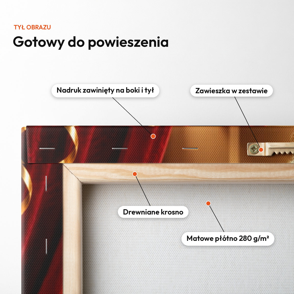 Wielka Premiera — tył obrazu na płótnie gotowy do powieszenia: nadruk zawinięty na boki i tył, zawieszka w zestawie, drewniane krosno, matowe płótno 280 g/m² C-CV-KAR-03-2030