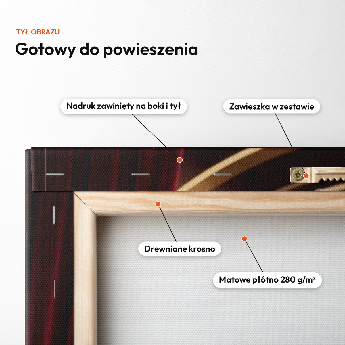 Rubin i Złoto — tył obrazu na płótnie gotowy do powieszenia: nadruk zawinięty na boki i tył, zawieszka w zestawie, drewniane krosno, matowe płótno 280 g/m² C-CV-KAR-DOUB-10-2030
