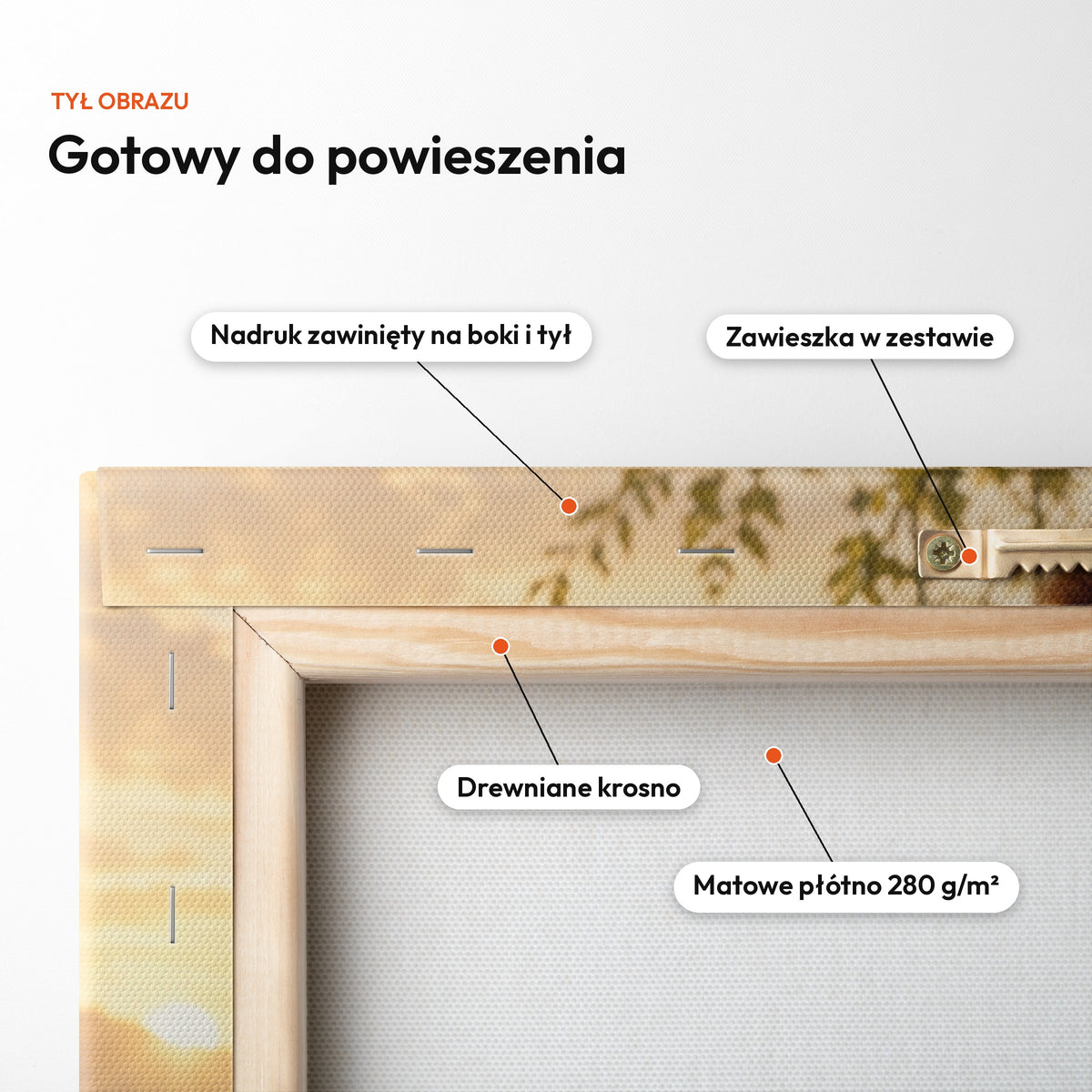 Łowczyni o świcie — tył obrazu na płótnie gotowy do powieszenia: nadruk zawinięty na boki i tył, zawieszka w zestawie, drewniane krosno, matowe płótno 280 g/m² C-CV-ROY-18-2030