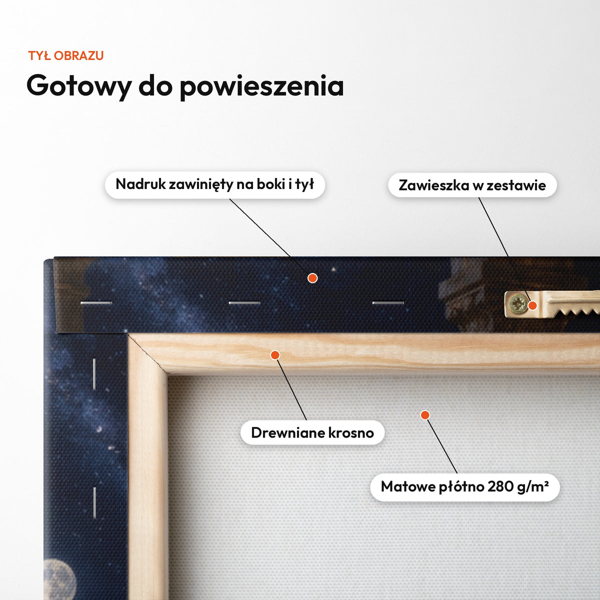 Pani gwiazd — tył obrazu na płótnie gotowy do powieszenia: nadruk zawinięty na boki i tył, zawieszka w zestawie, drewniane krosno, matowe płótno 280 g/m² C-CV-ROY-17-2030