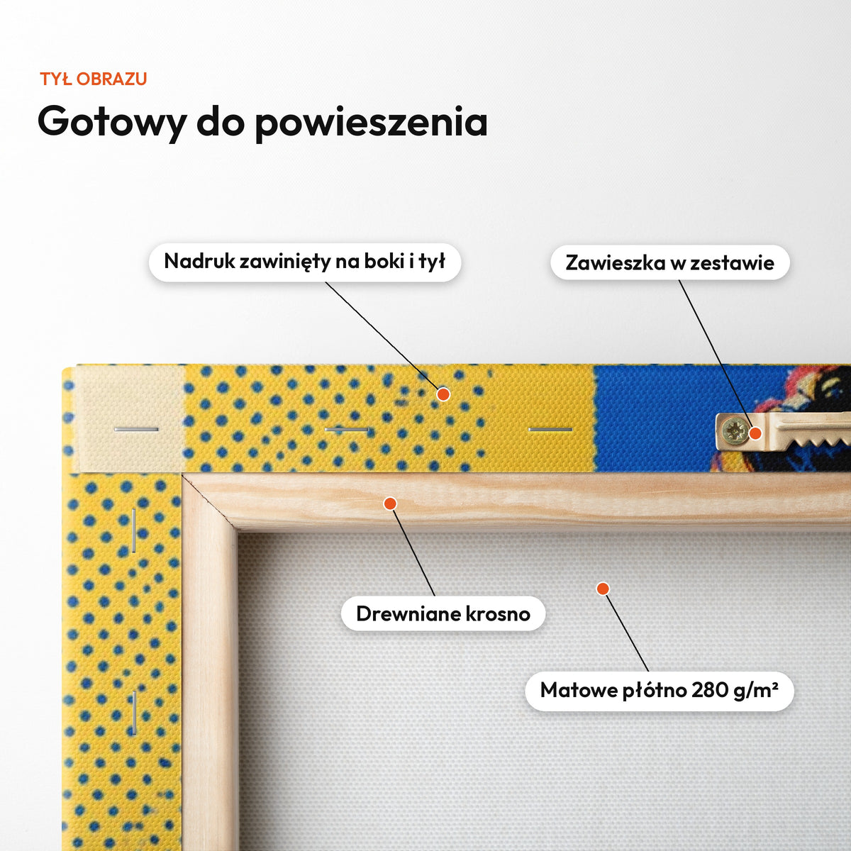 Pop-art — tył obrazu na płótnie gotowy do powieszenia: nadruk zawinięty na boki i tył, zawieszka w zestawie, drewniane krosno, matowe płótno 280 g/m² C-CV-AI-6-2030
