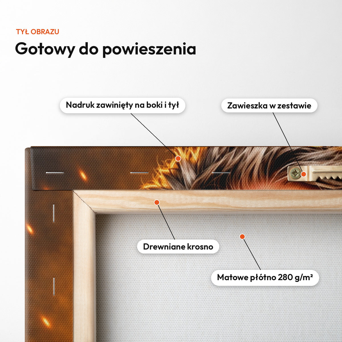 Tajna Misja Razem — tył obrazu na płótnie gotowy do powieszenia: nadruk zawinięty na boki i tył, zawieszka w zestawie, drewniane krosno, matowe płótno 280 g/m² C-CV-KAR-DOUB-02-2030