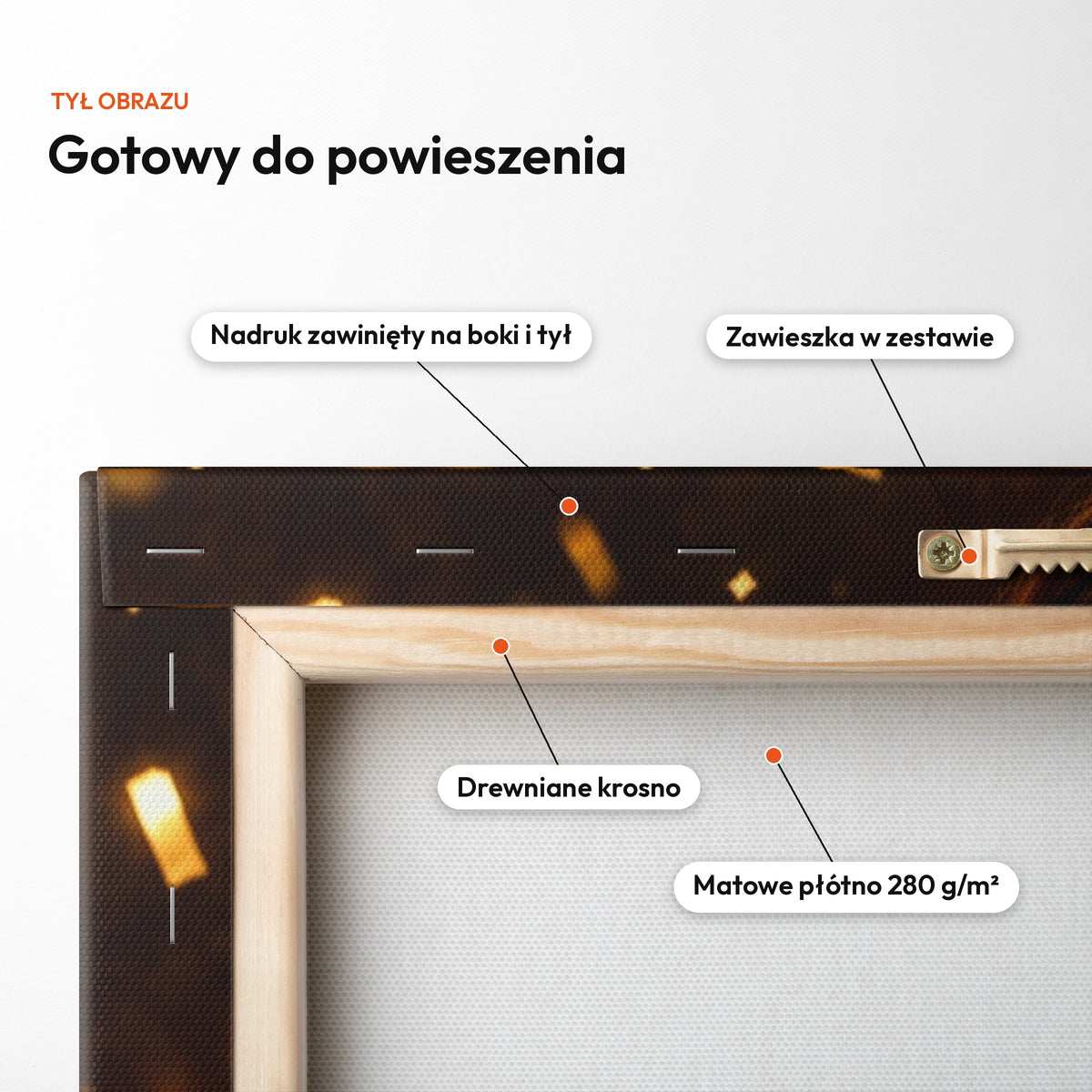 Złote Balony — tył obrazu na płótnie gotowy do powieszenia: nadruk zawinięty na boki i tył, zawieszka w zestawie, drewniane krosno, matowe płótno 280 g/m² C-CV-KAR-01-2030