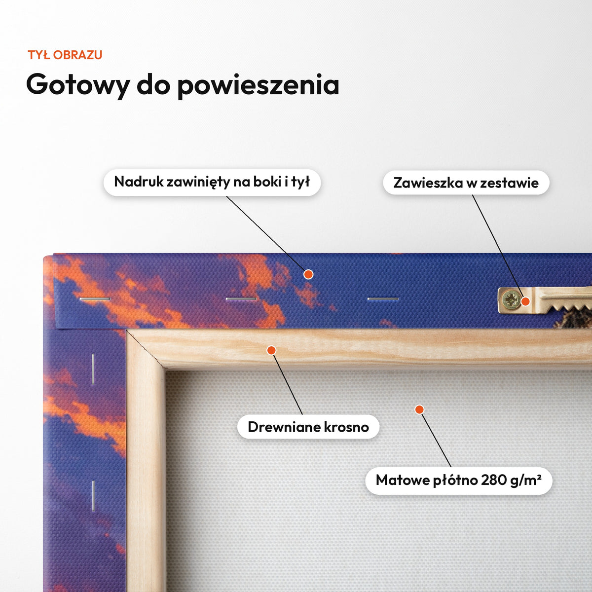 Super Tata — tył obrazu na płótnie gotowy do powieszenia: nadruk zawinięty na boki i tył, zawieszka w zestawie, drewniane krosno, matowe płótno 280 g/m² C-CV-KAR-08-2030