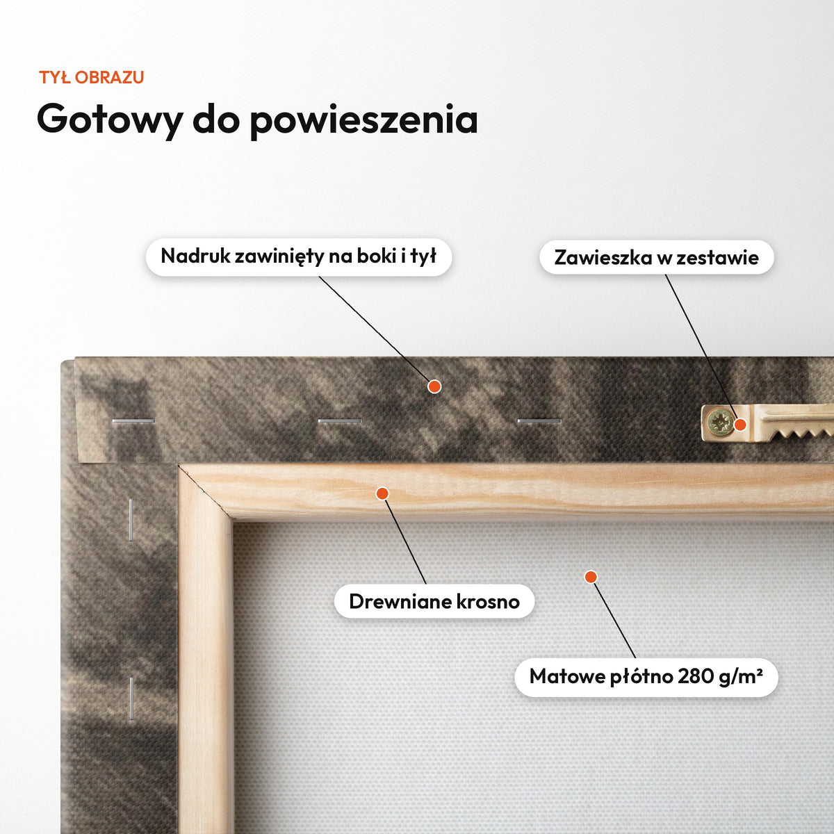 Portret węglem — tył obrazu na płótnie gotowy do powieszenia: nadruk zawinięty na boki i tył, zawieszka w zestawie, drewniane krosno, matowe płótno 280 g/m² C-CV-AI-5-2030