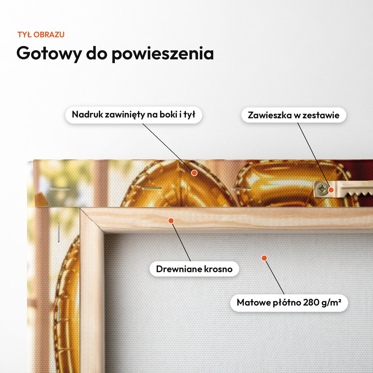 Jubilatka Na Tronie — tył obrazu na płótnie gotowy do powieszenia: nadruk zawinięty na boki i tył, zawieszka w zestawie, drewniane krosno, matowe płótno 280 g/m² C-CV-KAR-19-2030