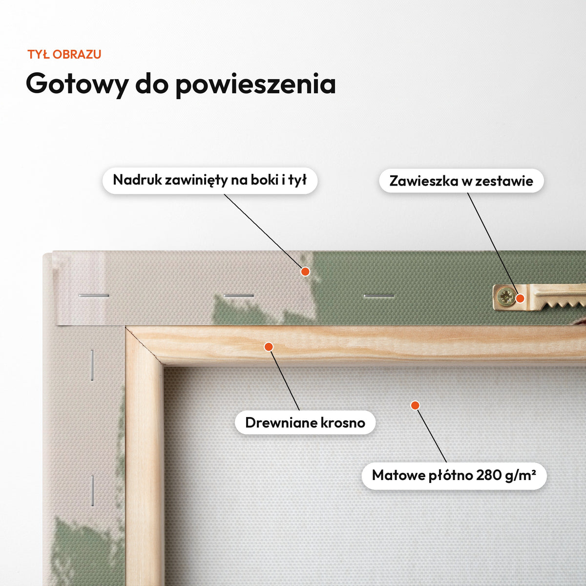 Mistrz Remontu — tył obrazu na płótnie gotowy do powieszenia: nadruk zawinięty na boki i tył, zawieszka w zestawie, drewniane krosno, matowe płótno 280 g/m² C-CV-KAR-18-2030