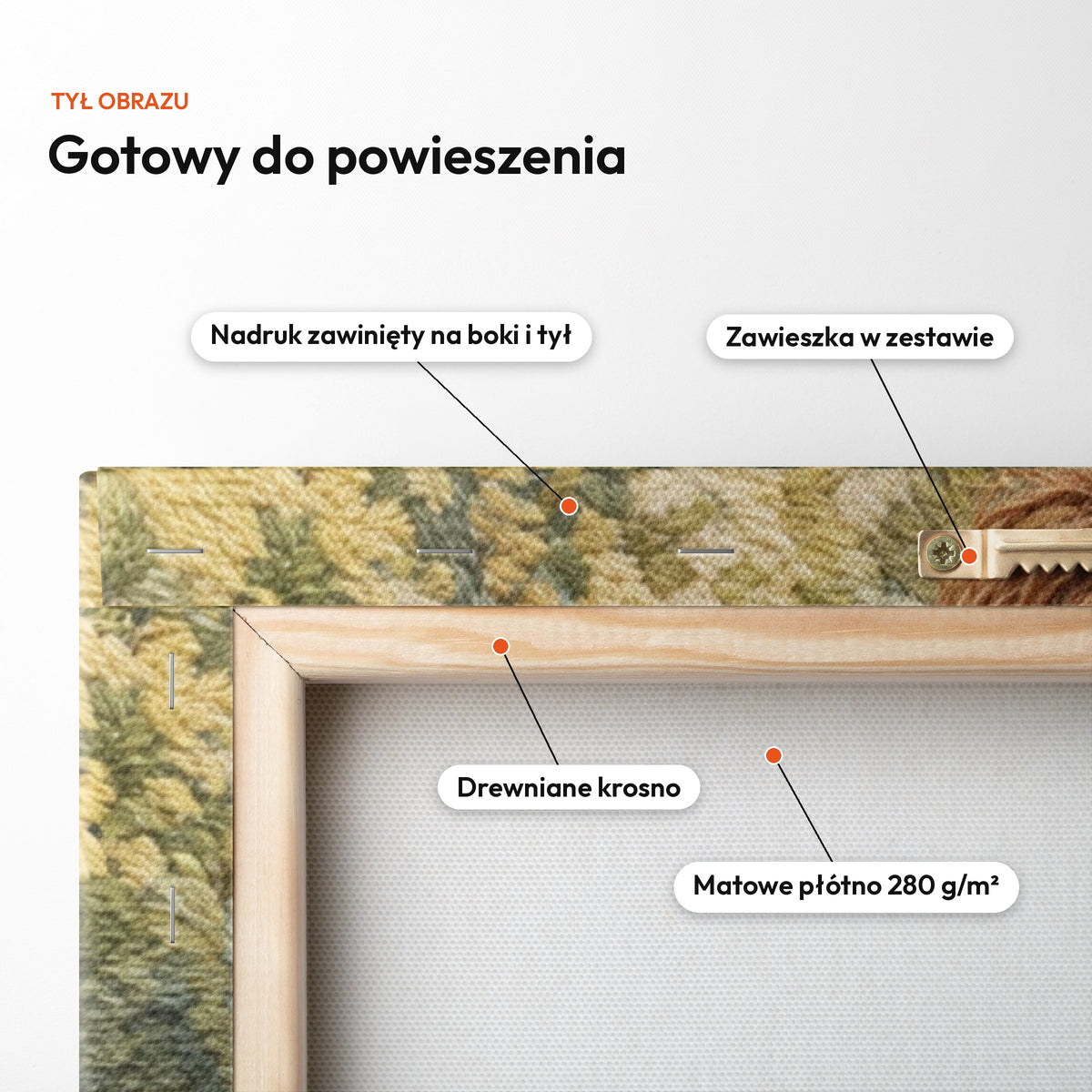 Haft malarski — tył obrazu na płótnie gotowy do powieszenia: nadruk zawinięty na boki i tył, zawieszka w zestawie, drewniane krosno, matowe płótno 280 g/m² C-CV-AI-11-2030