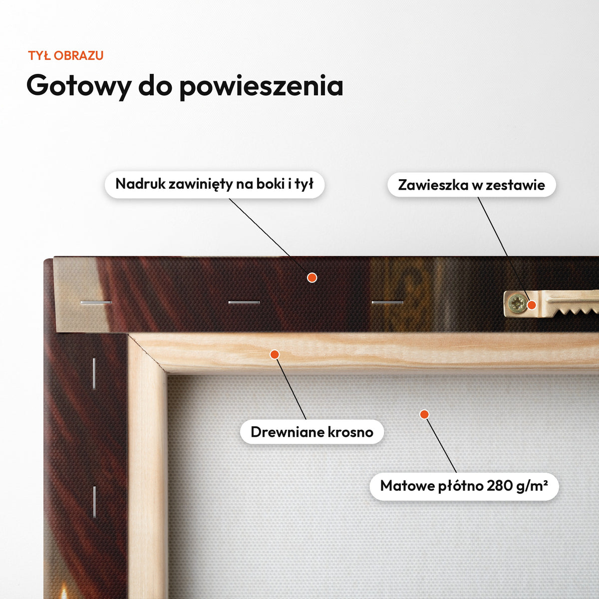 Królowa czarnego złota — tył obrazu na płótnie gotowy do powieszenia: nadruk zawinięty na boki i tył, zawieszka w zestawie, drewniane krosno, matowe płótno 280 g/m² C-CV-ROY-07-2030