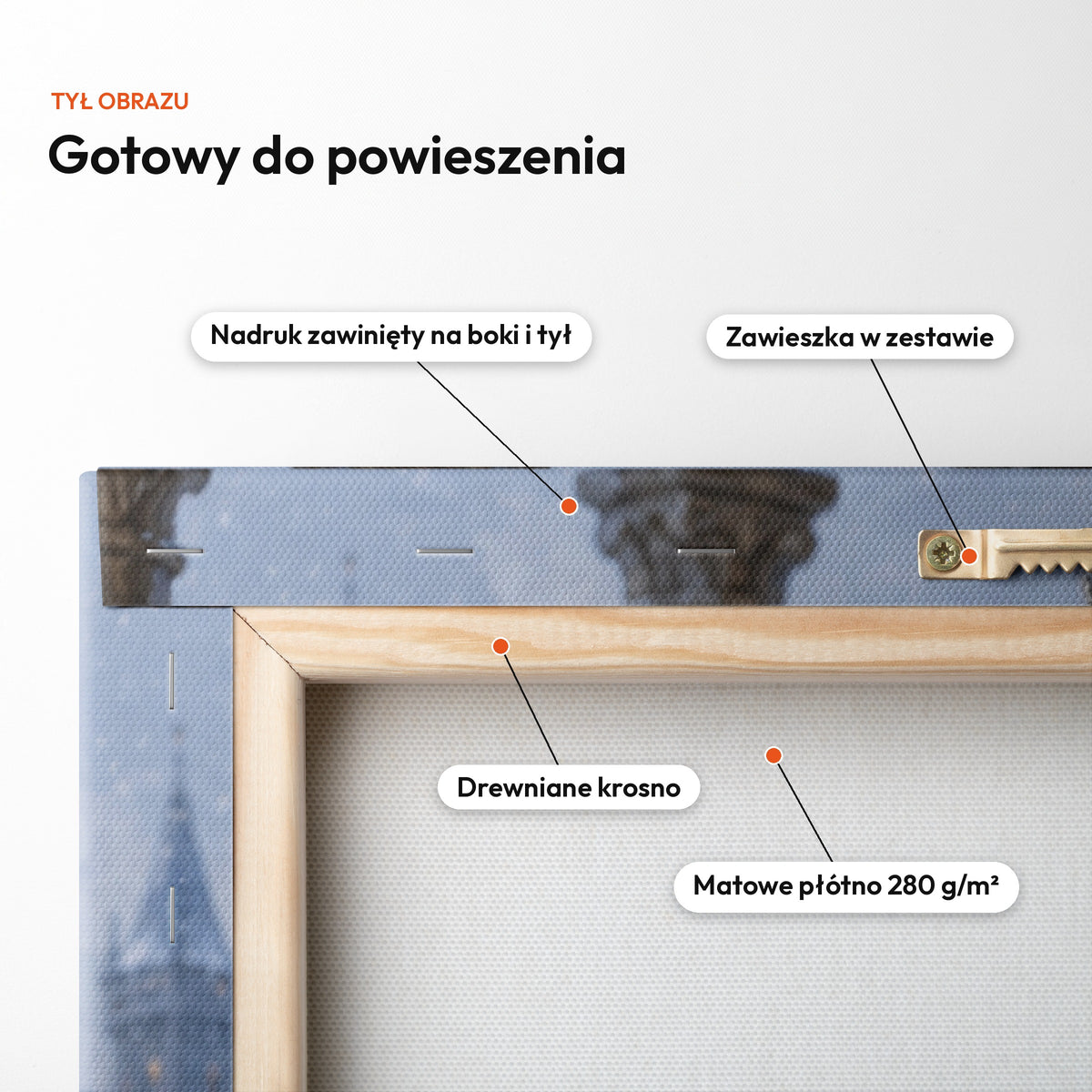 Królowa zimy — tył obrazu na płótnie gotowy do powieszenia: nadruk zawinięty na boki i tył, zawieszka w zestawie, drewniane krosno, matowe płótno 280 g/m² C-CV-ROY-21-2030