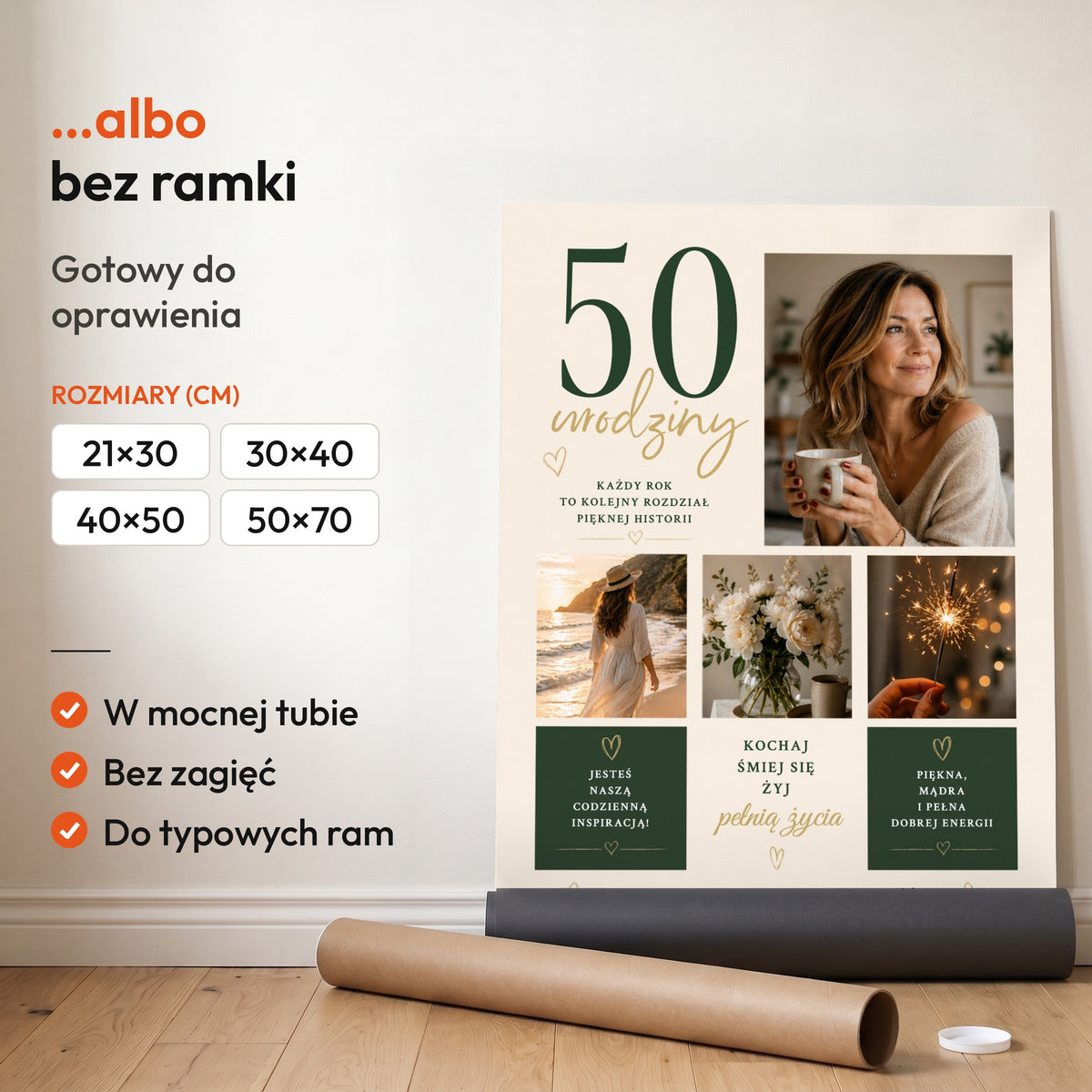 Kolaż na 50 urodziny — plakat bez ramki, gotowy do oprawienia: rozwinięty z rolki, obok tuba do wysyłki. C-PL-URODZ-1-2130-NF