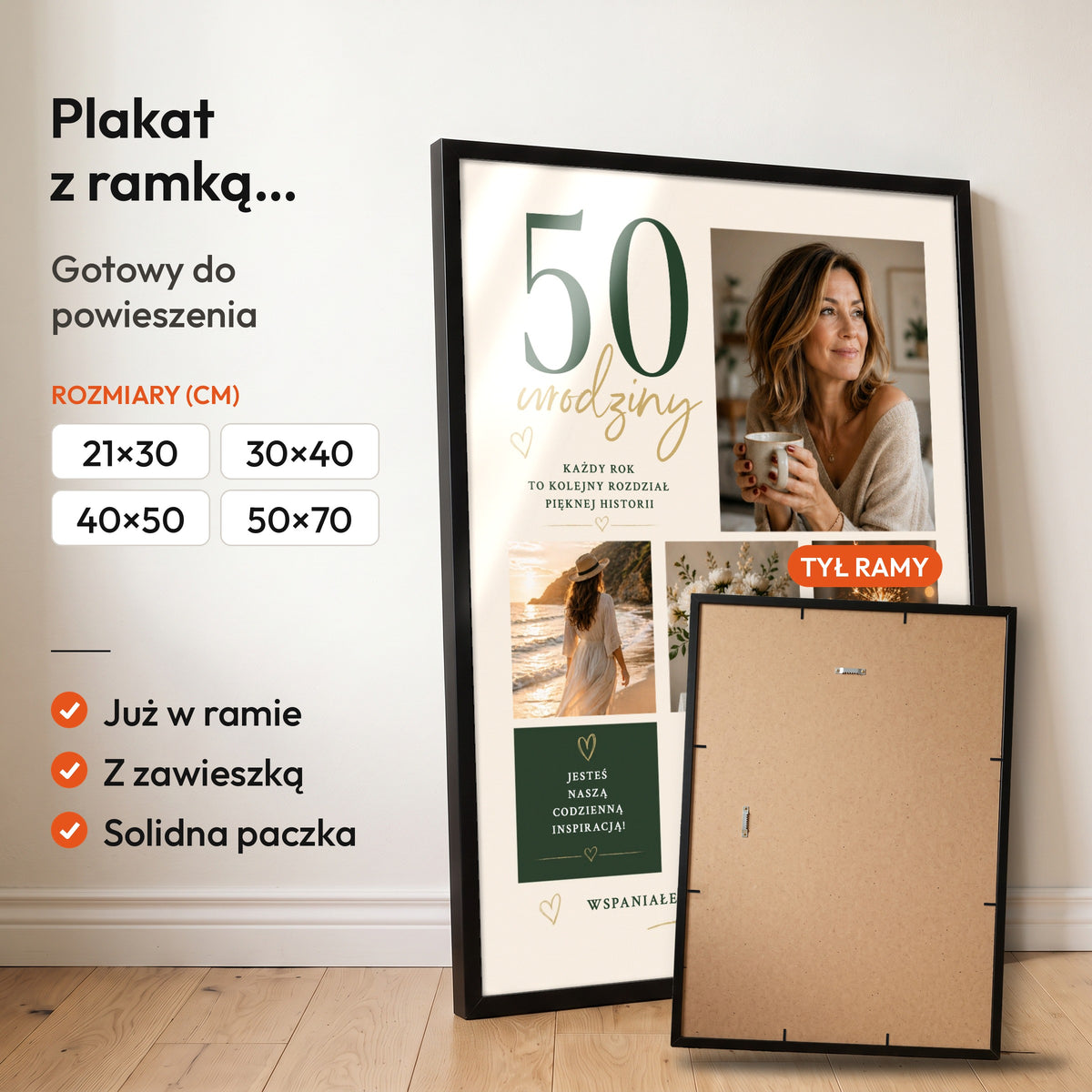 Kolaż na 50 urodziny — plakat z ramką, gotowy do powieszenia: czarna rama od przodu i tył ramy z zawieszką. C-PL-URODZ-1-2130-NF