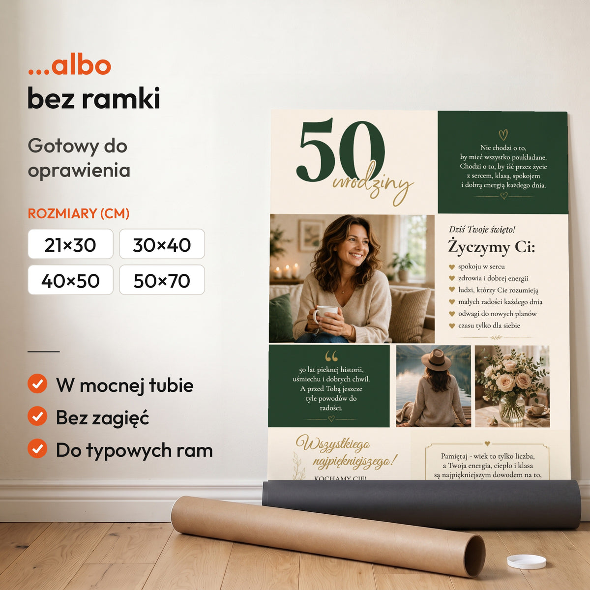 Plakat na 50 urodziny — plakat bez ramki, gotowy do oprawienia: rozwinięty z rolki, obok tuba do wysyłki. C-PL-URODZ-50-2-2130-NF
