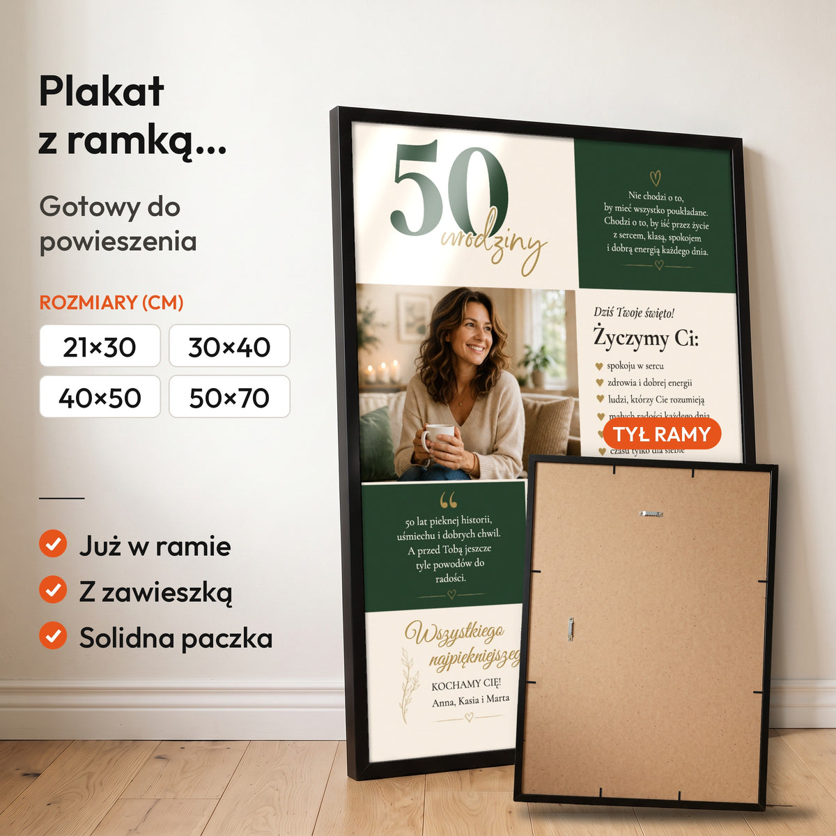 Plakat na 50 urodziny — plakat z ramką, gotowy do powieszenia: czarna rama od przodu i tył ramy z zawieszką. C-PL-URODZ-50-2-2130-NF