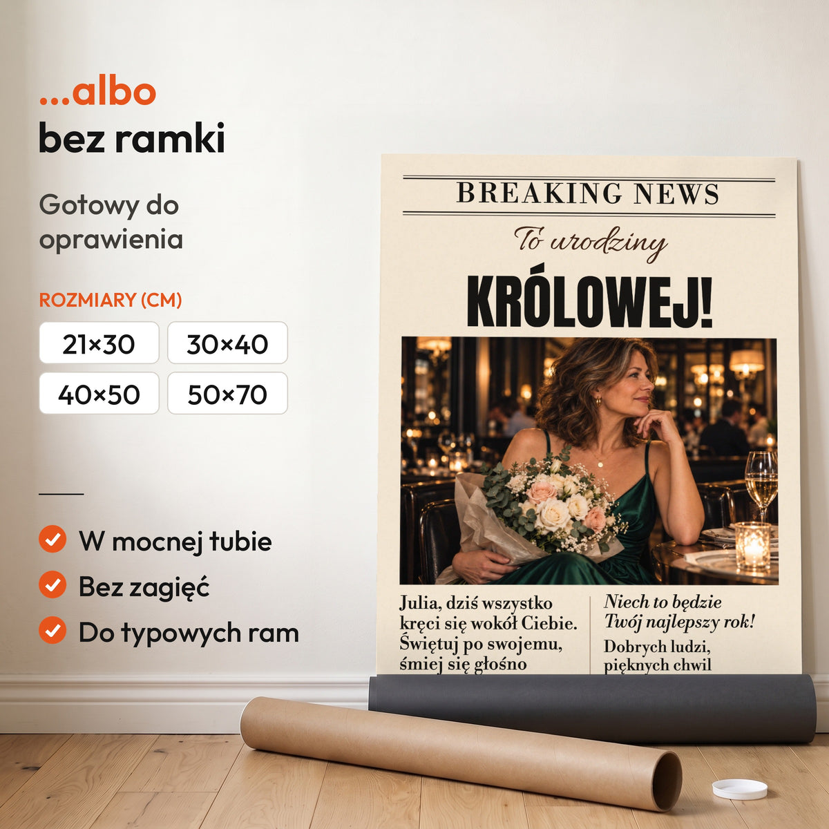 URODZINY KRÓLOWEJ — plakat bez ramki, gotowy do oprawienia: rozwinięty z rolki, obok tuba do wysyłki. C-PL-GAZ-12-2130-NF