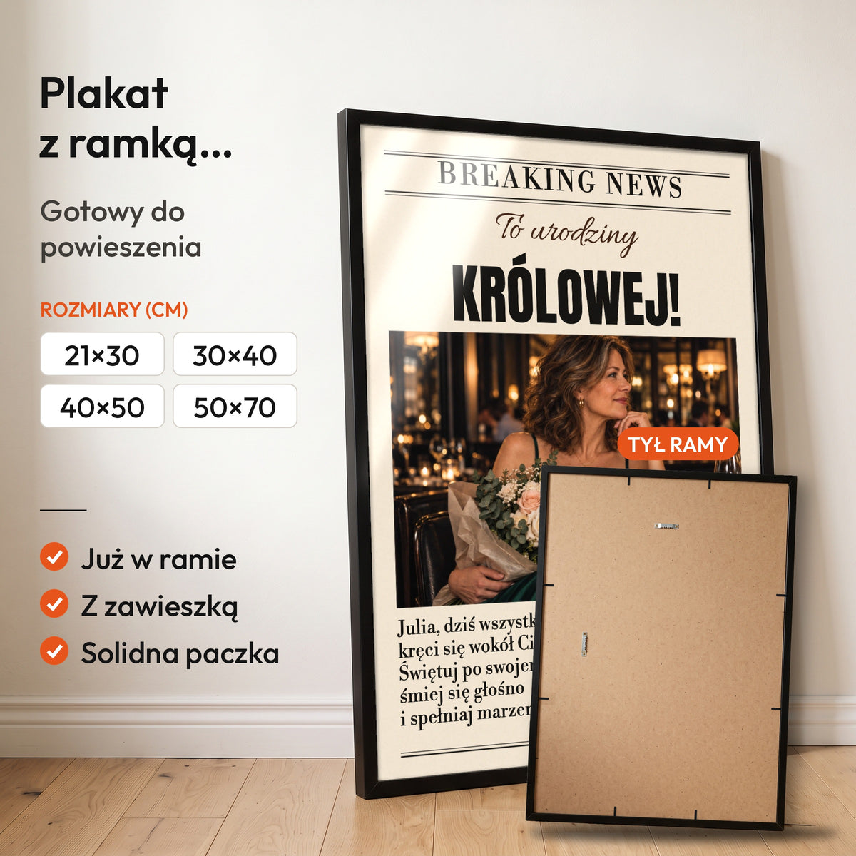 URODZINY KRÓLOWEJ — plakat z ramką, gotowy do powieszenia: czarna rama od przodu i tył ramy z zawieszką. C-PL-GAZ-12-2130-NF