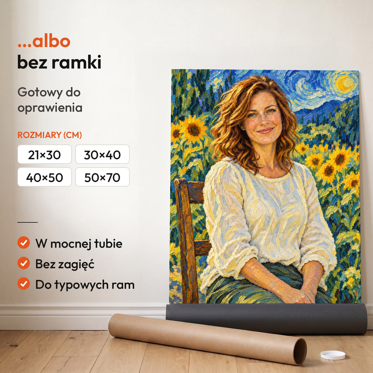 Van Gogh — plakat bez ramki, gotowy do oprawienia: rozwinięty z rolki, obok tuba do wysyłki. C-PL-AI-1-2130-NF