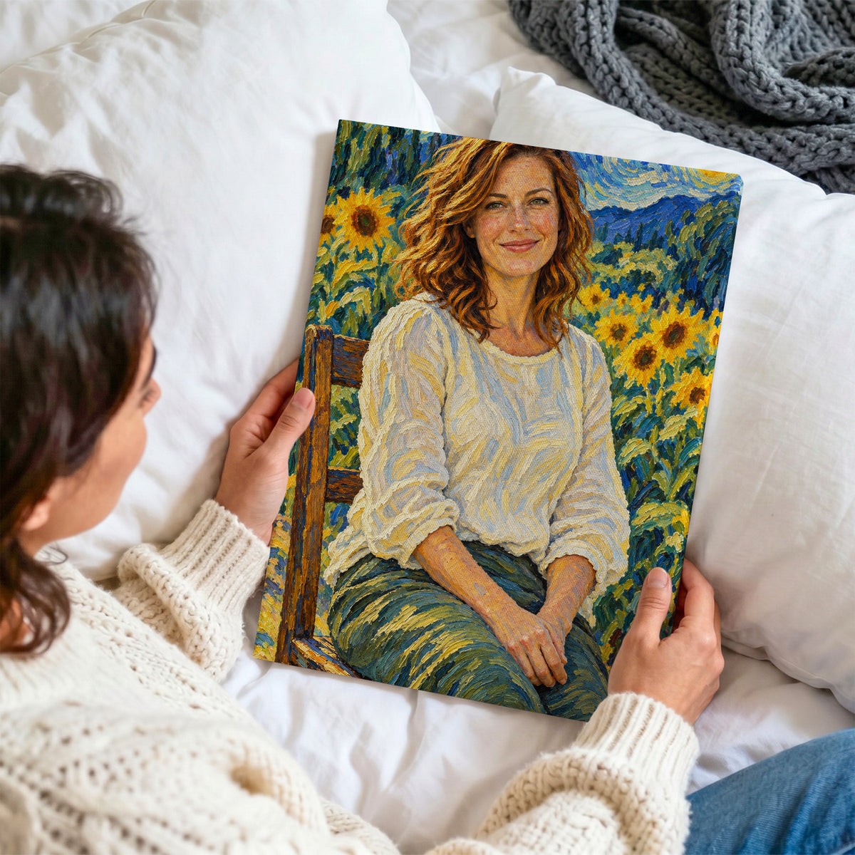 Van Gogh — obraz na płótnie ze zdjęcia oglądany z bliska, trzymany w dłoniach na tle jasnej pościeli C-CV-AI-1-2030