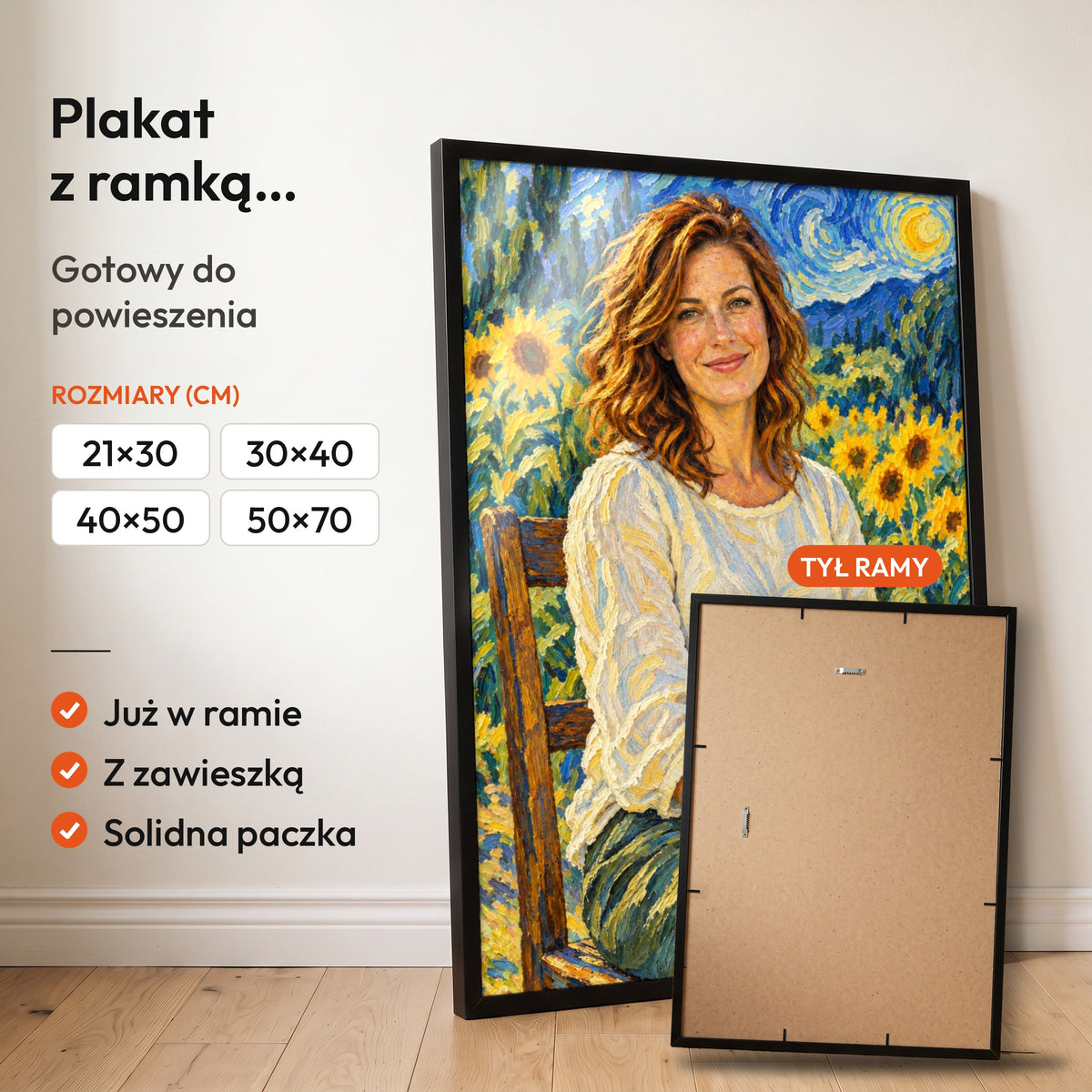 Van Gogh — plakat z ramką, gotowy do powieszenia: czarna rama od przodu i tył ramy z zawieszką. C-PL-AI-1-2130-NF