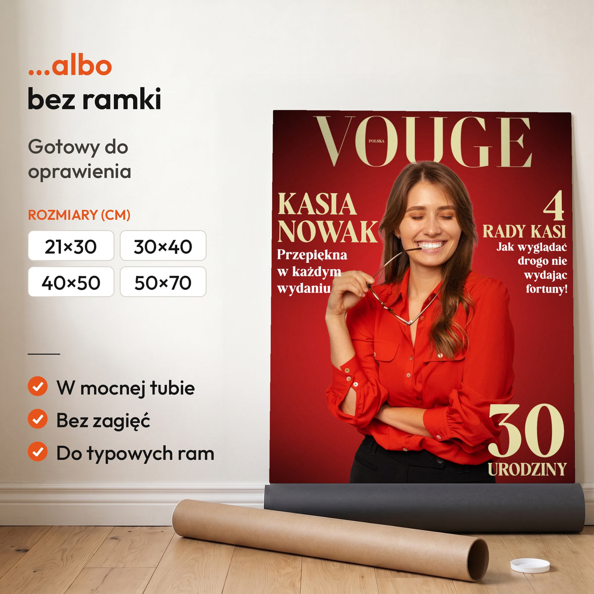 Vouge — plakat bez ramki, gotowy do oprawienia: rozwinięty z rolki, obok tuba do wysyłki. C-PL-COVMAG-1-2130-NF