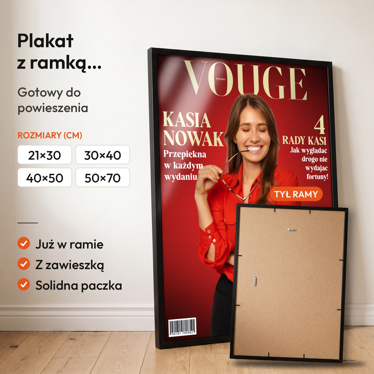 Vouge — plakat z ramką, gotowy do powieszenia: czarna rama od przodu i tył ramy z zawieszką. C-PL-COVMAG-1-2130-NF