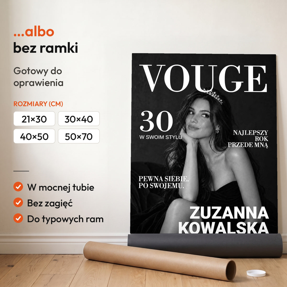 VOUGE — plakat bez ramki, gotowy do oprawienia: rozwinięty z rolki, obok tuba do wysyłki. C-PL-COVMAG-18-2130-NF