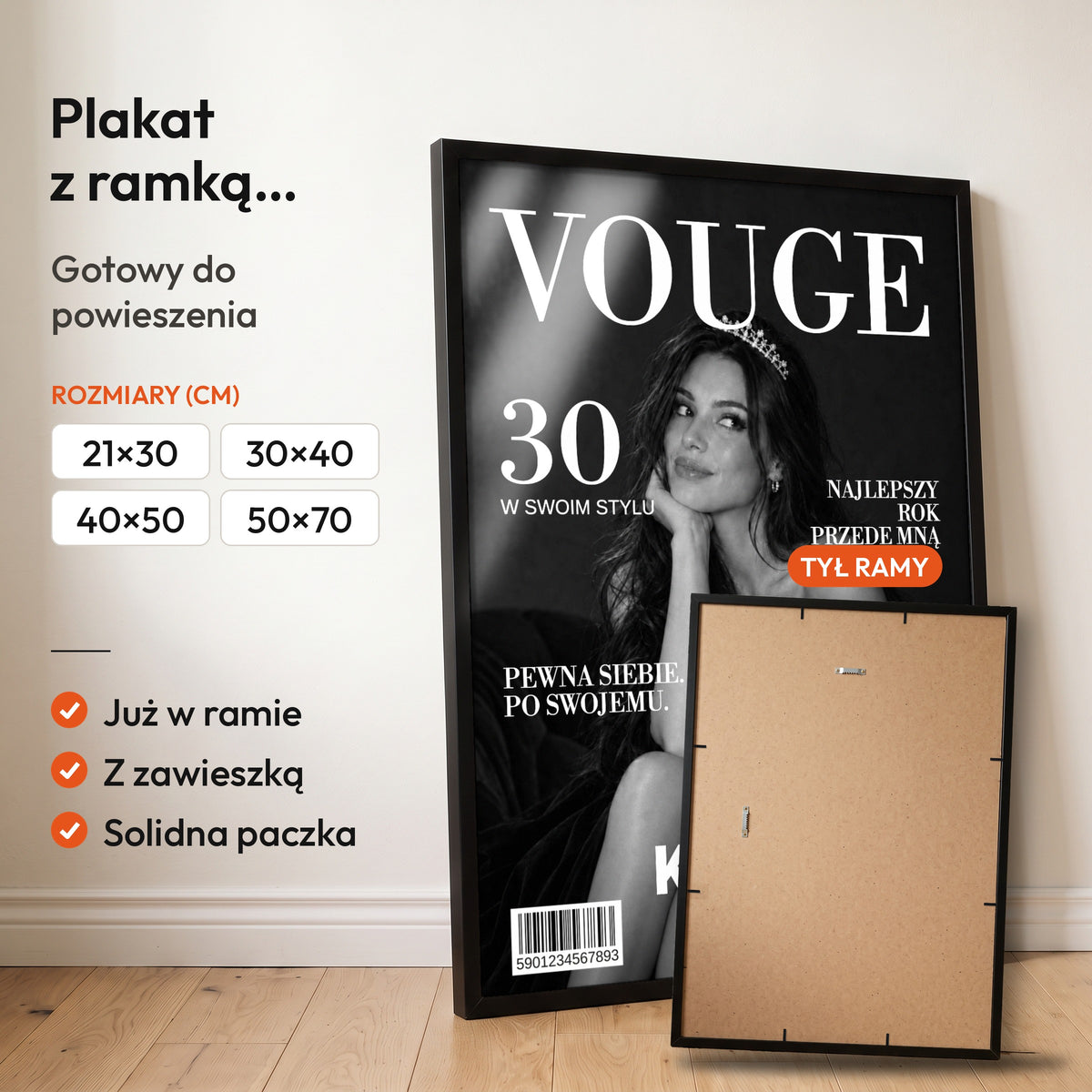VOUGE — plakat z ramką, gotowy do powieszenia: czarna rama od przodu i tył ramy z zawieszką. C-PL-COVMAG-18-2130-NF