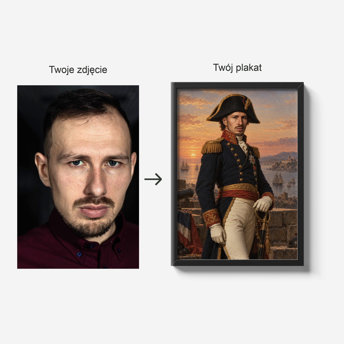 Wielki Generał — zdjęcie źródłowe i gotowy plakat w czarnej ramie; porównanie tej samej osoby przed i po personalizacji. C-PL-ROY-12-2130-NF