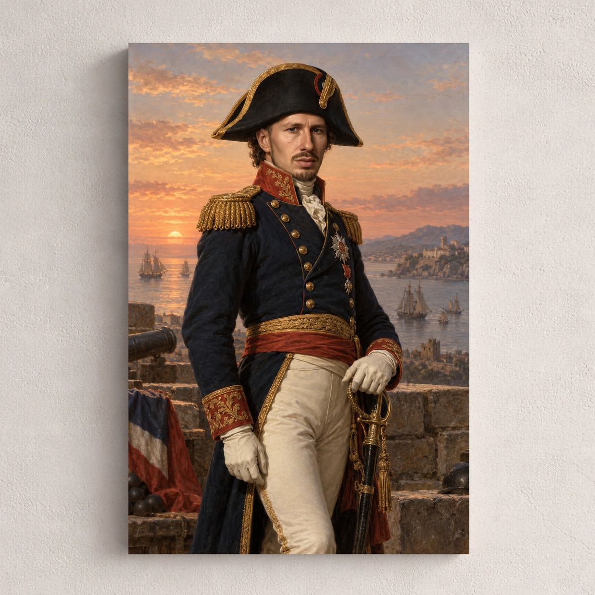 Wielki generał — personalizowany portret ze zdjęcia na płótnie, przykład obrazu w rozmiarze 20×30 cm na jasnej ścianie.