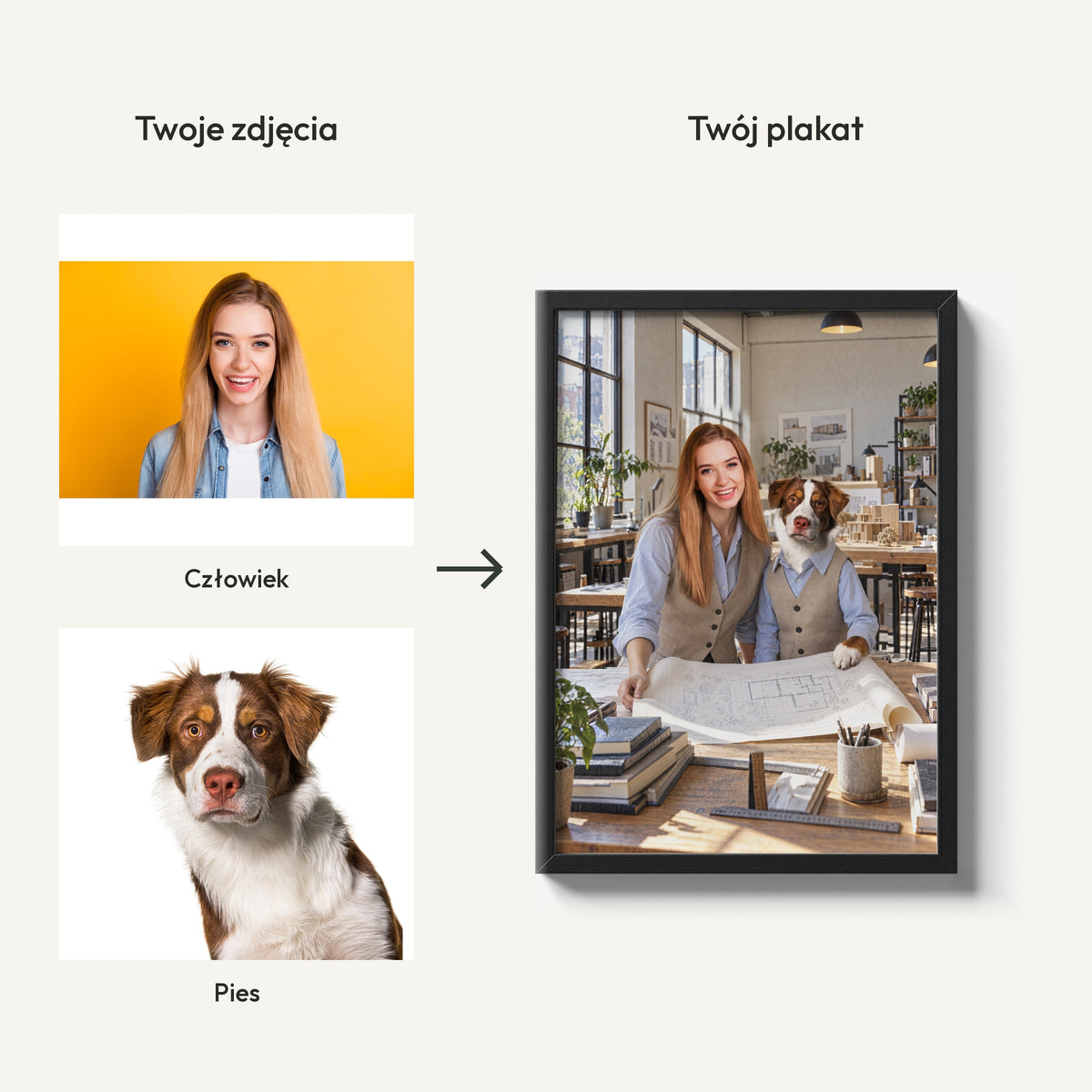 Wielkie Plany — plakat z psem — dwa zdjęcia człowieka i pupila oraz gotowy wspólny portret C-PL-ROY-PET-08-2130-NF