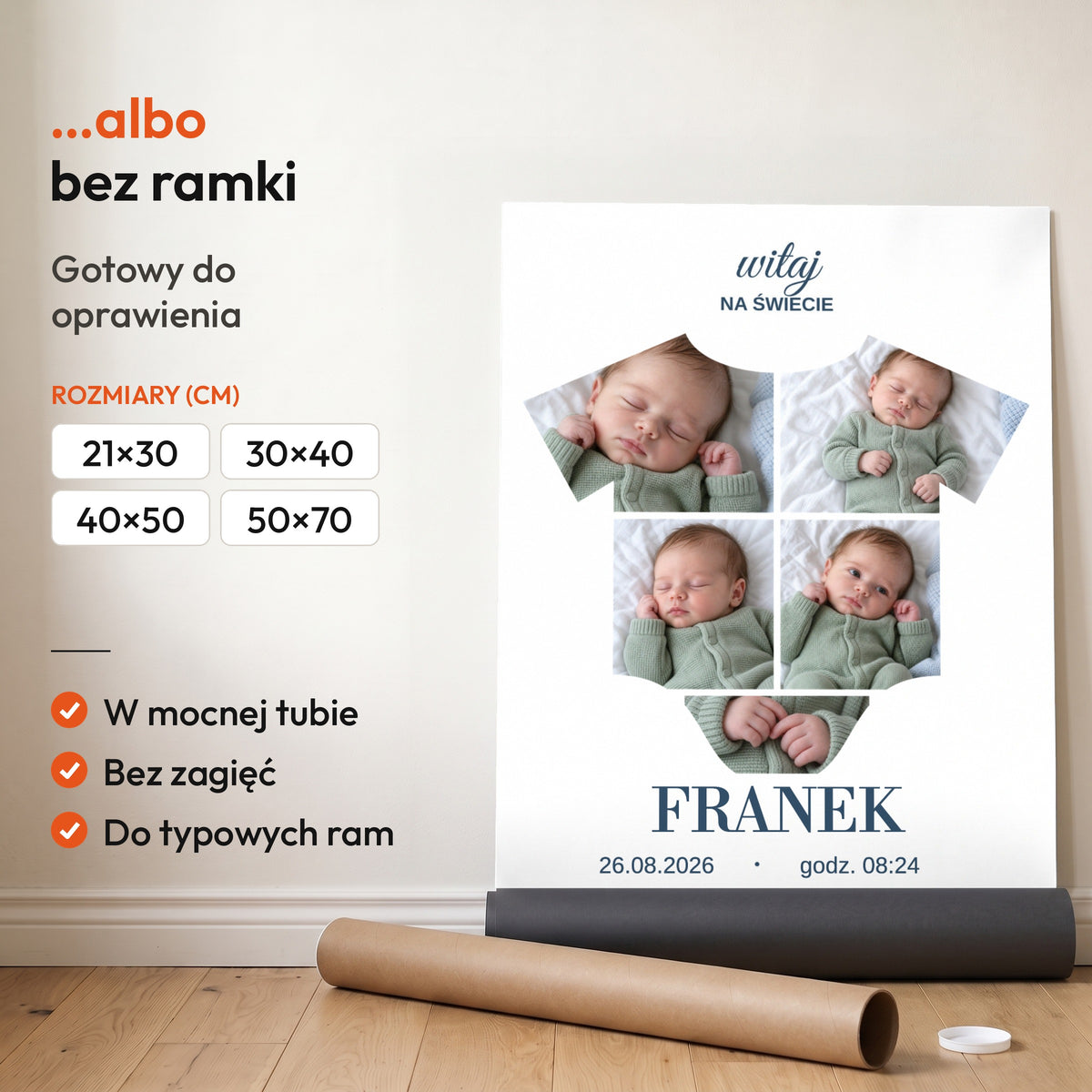 Witaj Na Świecie — plakat bez ramki, gotowy do oprawienia: rozwinięty z rolki, obok tuba do wysyłki. C-PL-BABY-2-2130-NF
