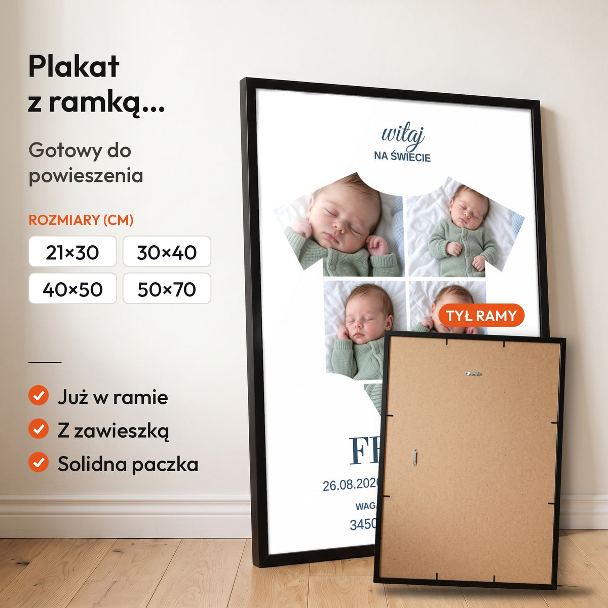 Witaj Na Świecie — plakat z ramką, gotowy do powieszenia: czarna rama od przodu i tył ramy z zawieszką. C-PL-BABY-2-2130-NF