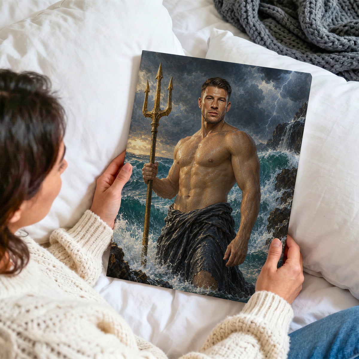 Władca oceanów — personalizowany obraz na płótnie oglądany z bliska i trzymany w dłoniach na tle jasnej pościeli. C-CV-ROY-06-2030