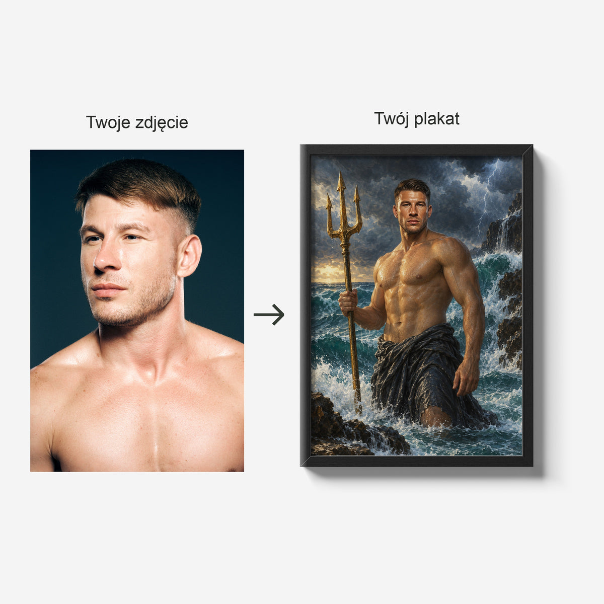 Władca Oceanów — zdjęcie źródłowe i gotowy plakat w czarnej ramie; porównanie tej samej osoby przed i po personalizacji. C-PL-ROY-06-2130-NF