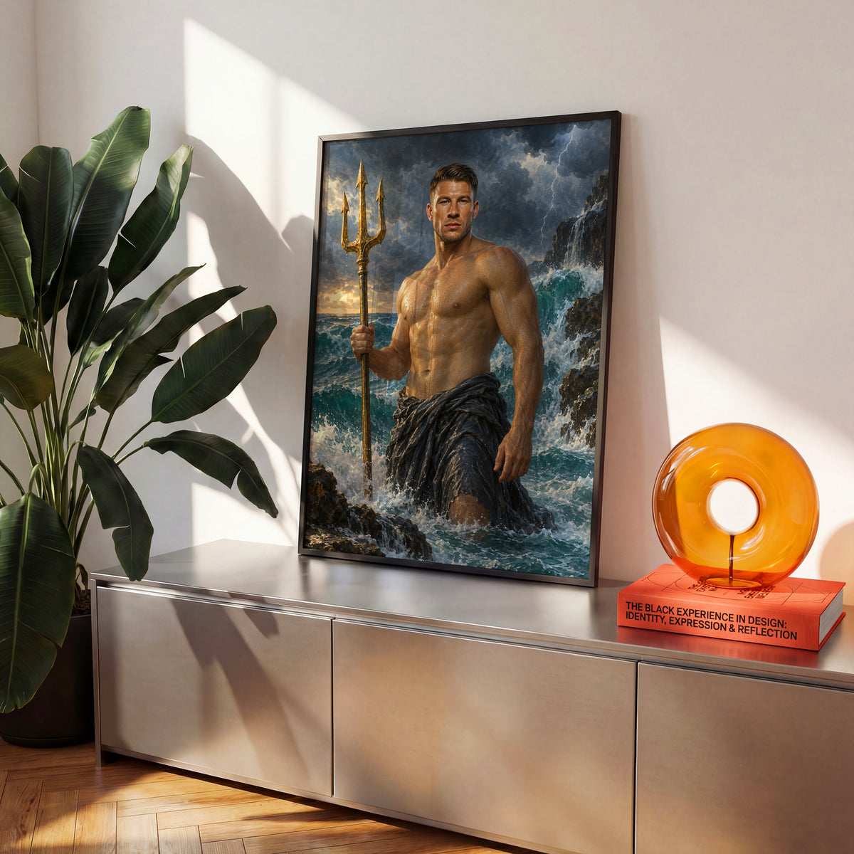 Władca Oceanów — plakat w czarnej ramie na komodzie we wnętrzu, z portretem mężczyzny ze złotym trójzębem wśród fal wzburzonego morza. C-PL-ROY-06-2130-NF