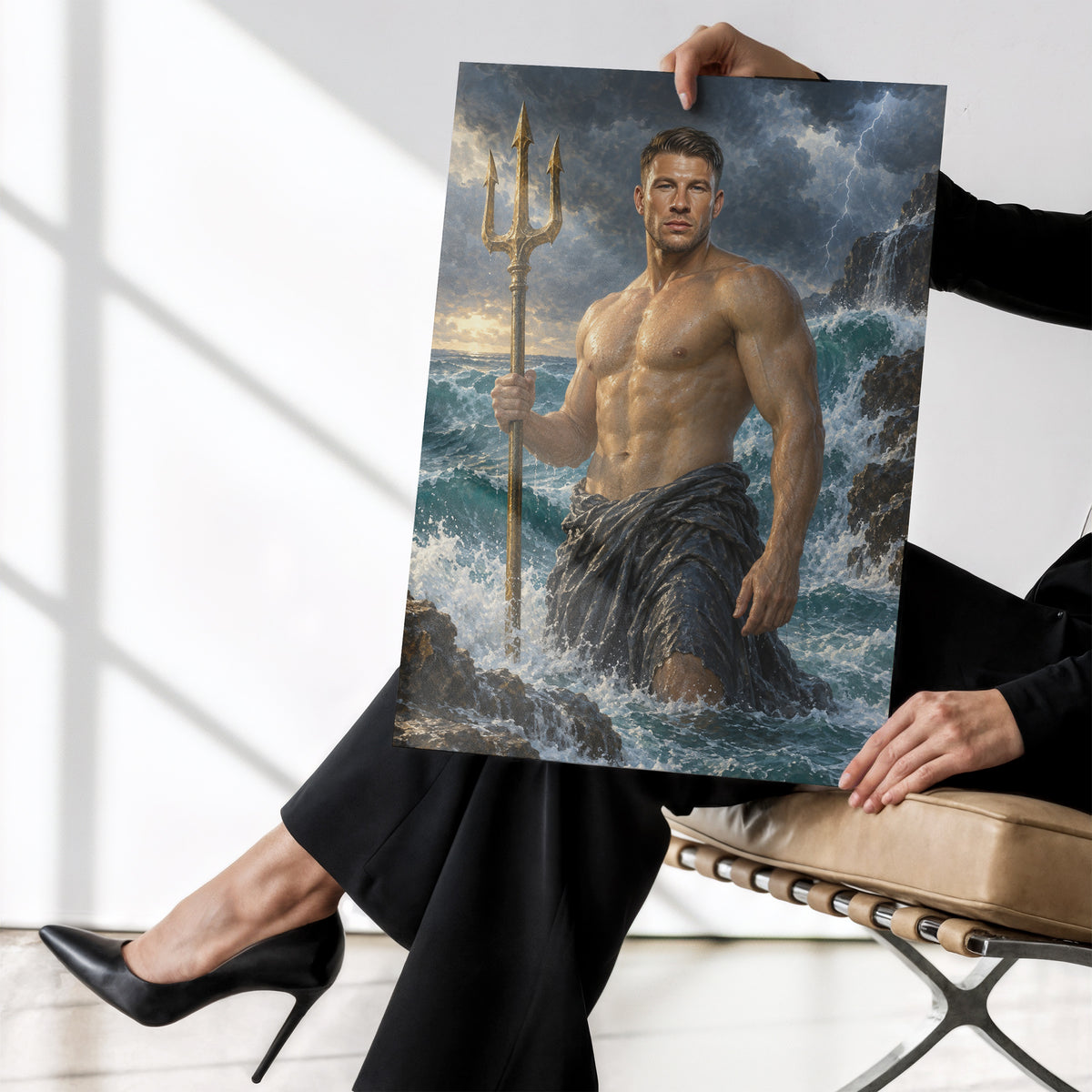 Władca Oceanów — plakat bez ramki trzymany w dłoniach, z portretem mężczyzny ze złotym trójzębem wśród fal wzburzonego morza. C-PL-ROY-06-2130-NF
