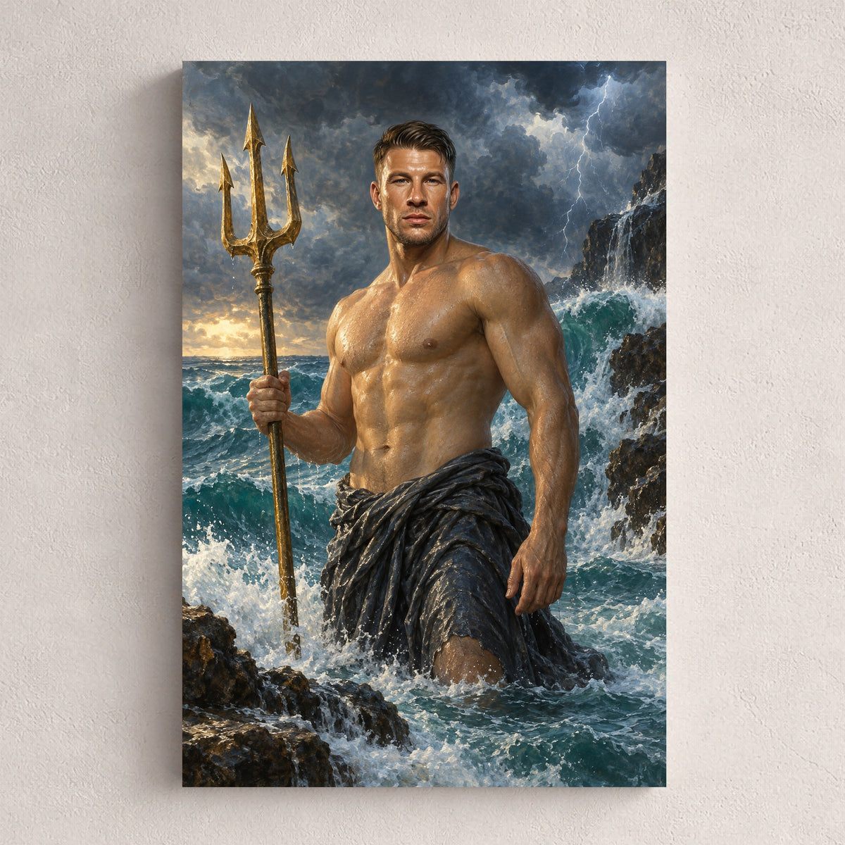 Władca oceanów — personalizowany portret ze zdjęcia na płótnie, przykład obrazu w rozmiarze 20×30 cm na jasnej ścianie.