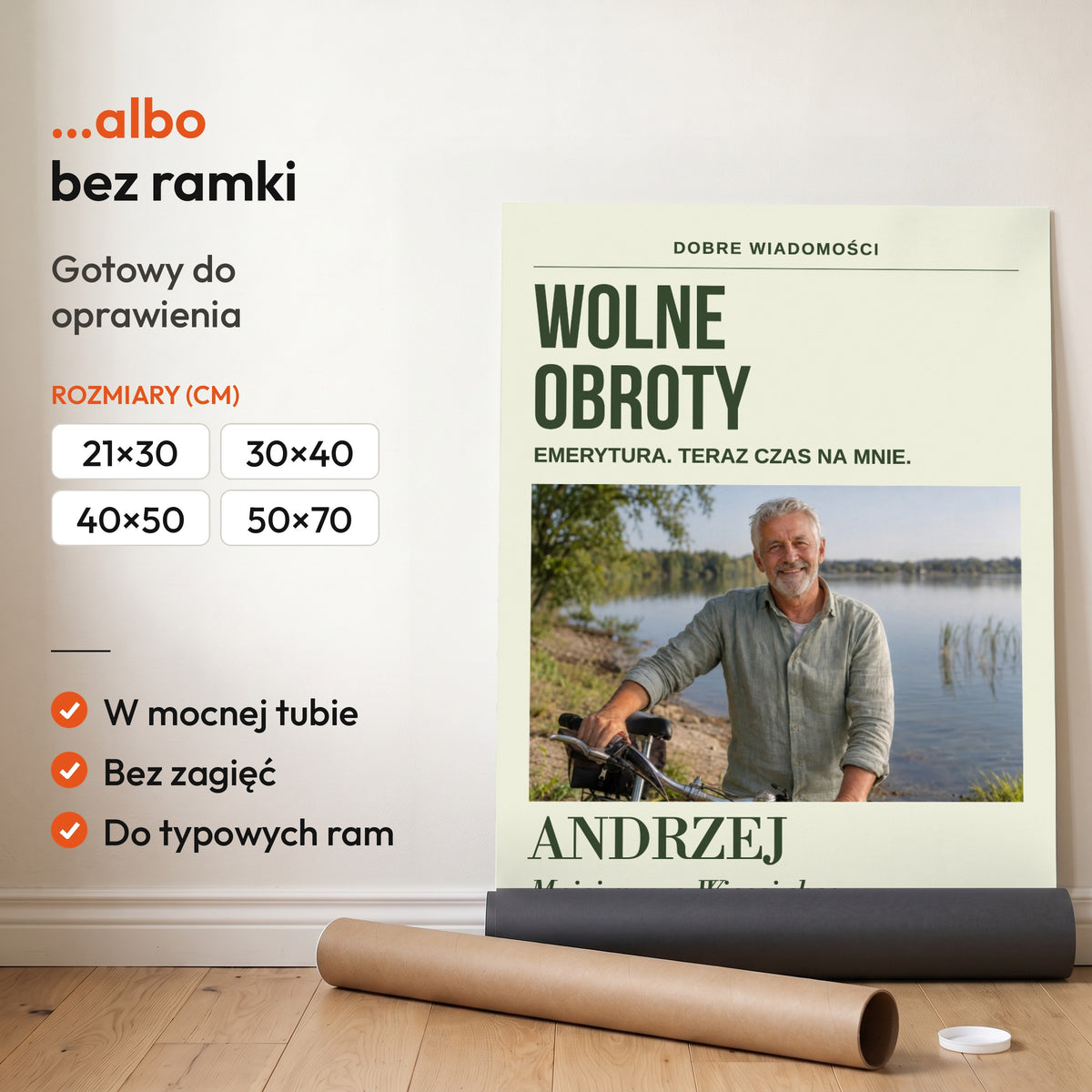WOLNE OBROTY — plakat bez ramki, gotowy do oprawienia: rozwinięty z rolki, obok tuba do wysyłki. C-PL-GAZ-15-2130-NF