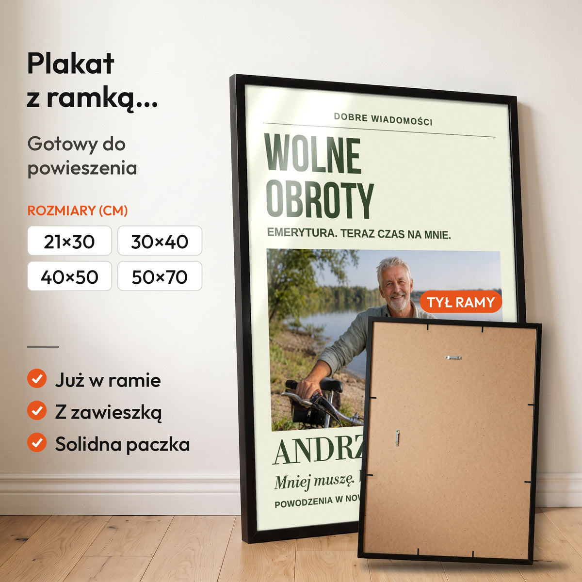 WOLNE OBROTY — plakat z ramką, gotowy do powieszenia: czarna rama od przodu i tył ramy z zawieszką. C-PL-GAZ-15-2130-NF