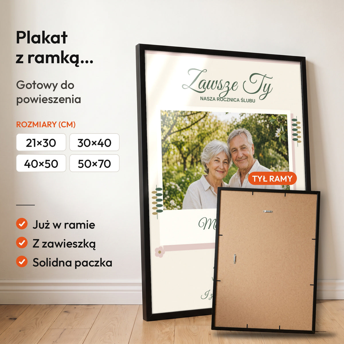 ZAWSZE TY — plakat z ramką, gotowy do powieszenia: czarna rama od przodu i tył ramy z zawieszką. C-PL-HEART-11-2130-NF