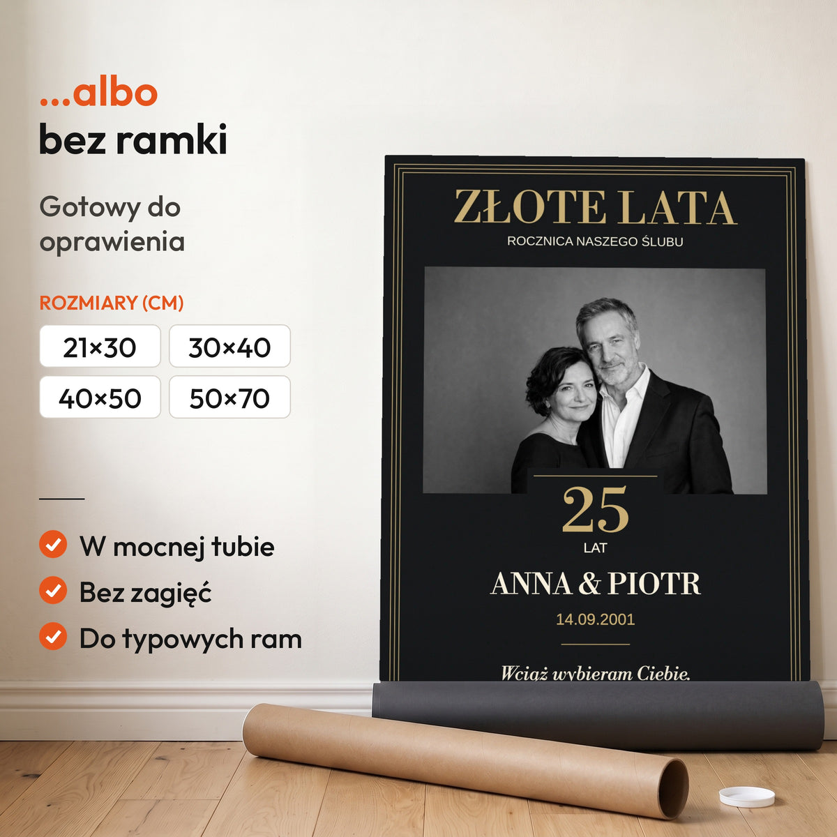 ZŁOTE LATA — plakat bez ramki, gotowy do oprawienia: rozwinięty z rolki, obok tuba do wysyłki. C-PL-HEART-8-2130-NF
